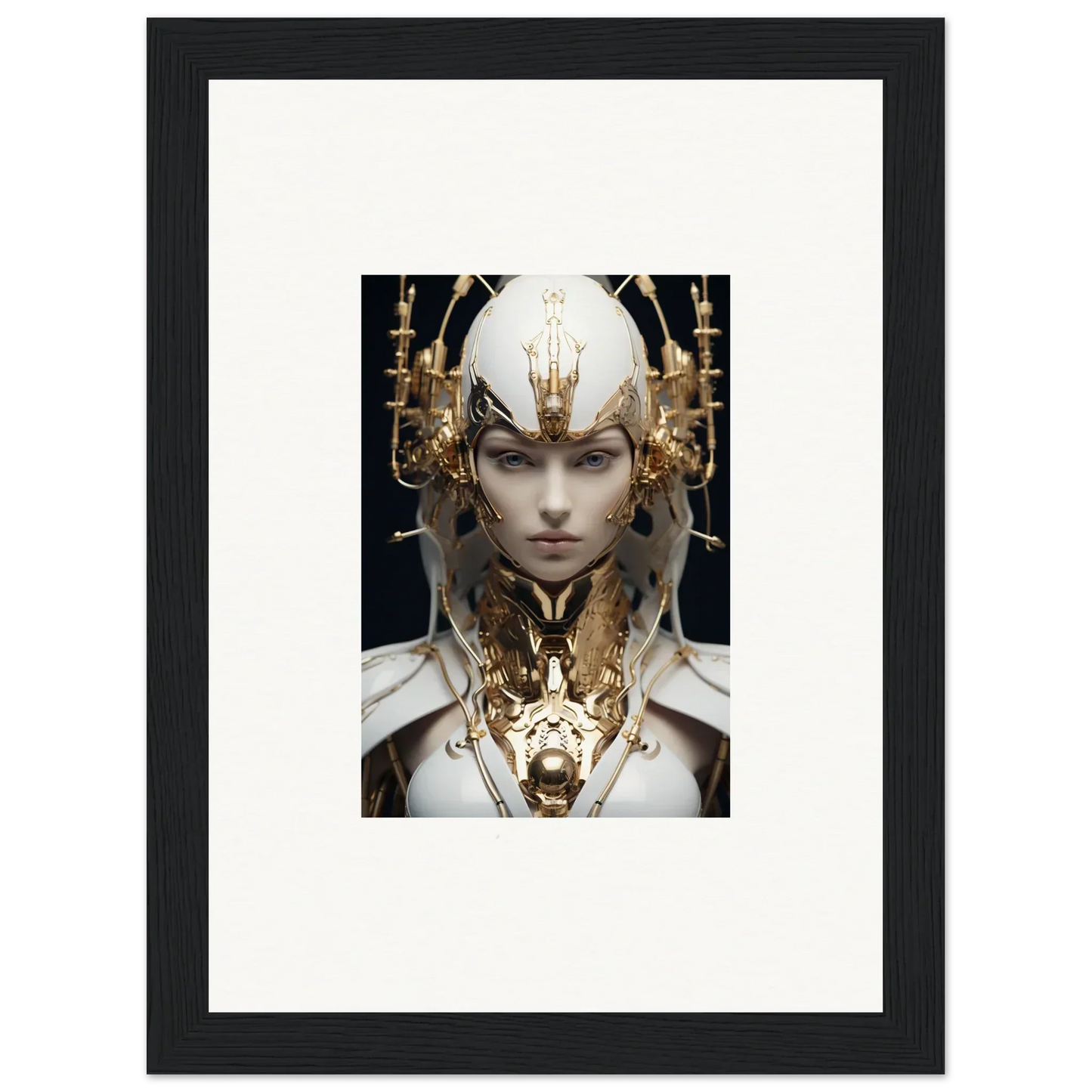 Framed canvas print of a humanoid figure in golden jewelry, perfect for halcyon existence room decoration