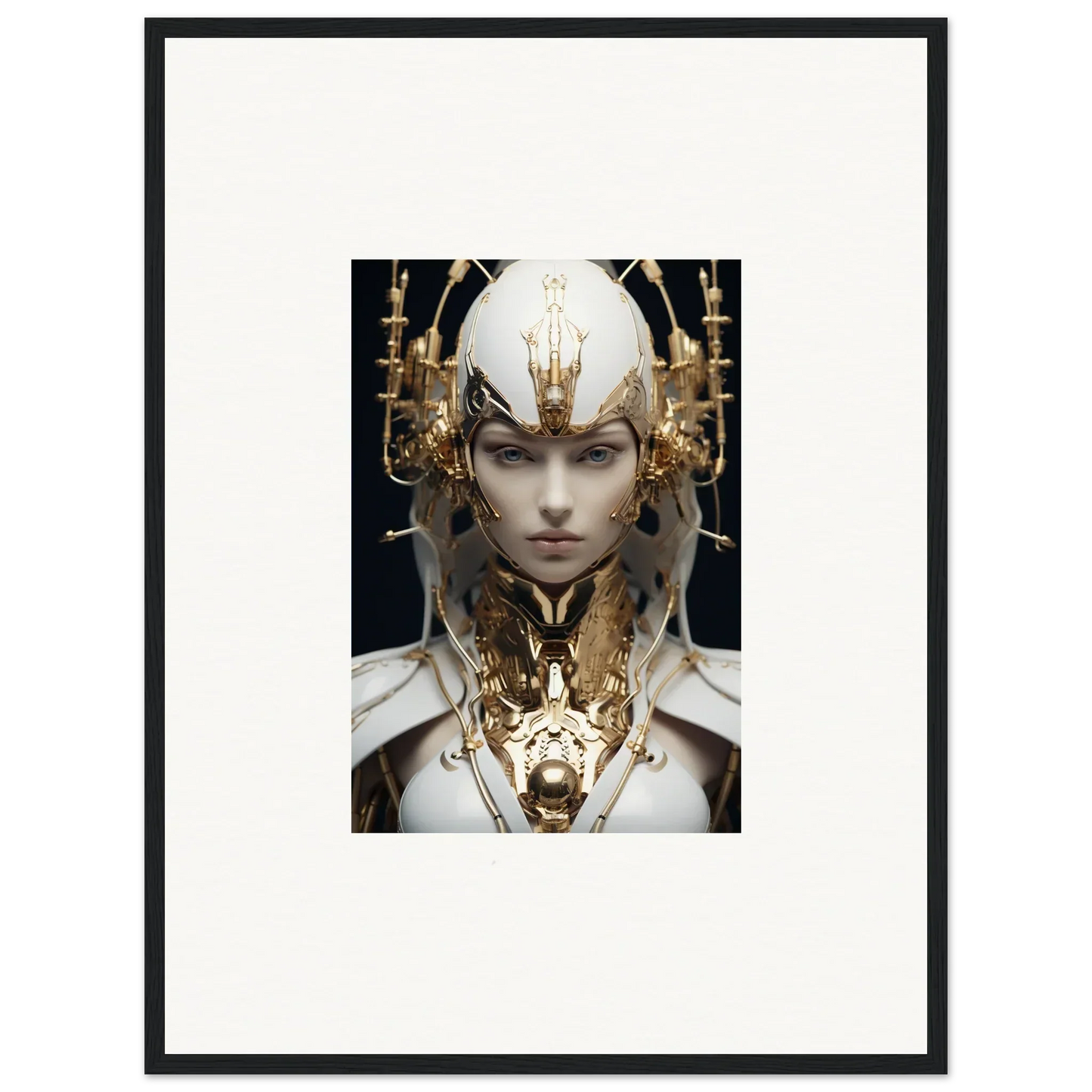 Framed canvas print of a golden mechanical humanoid for a halcyon existence room decoration
