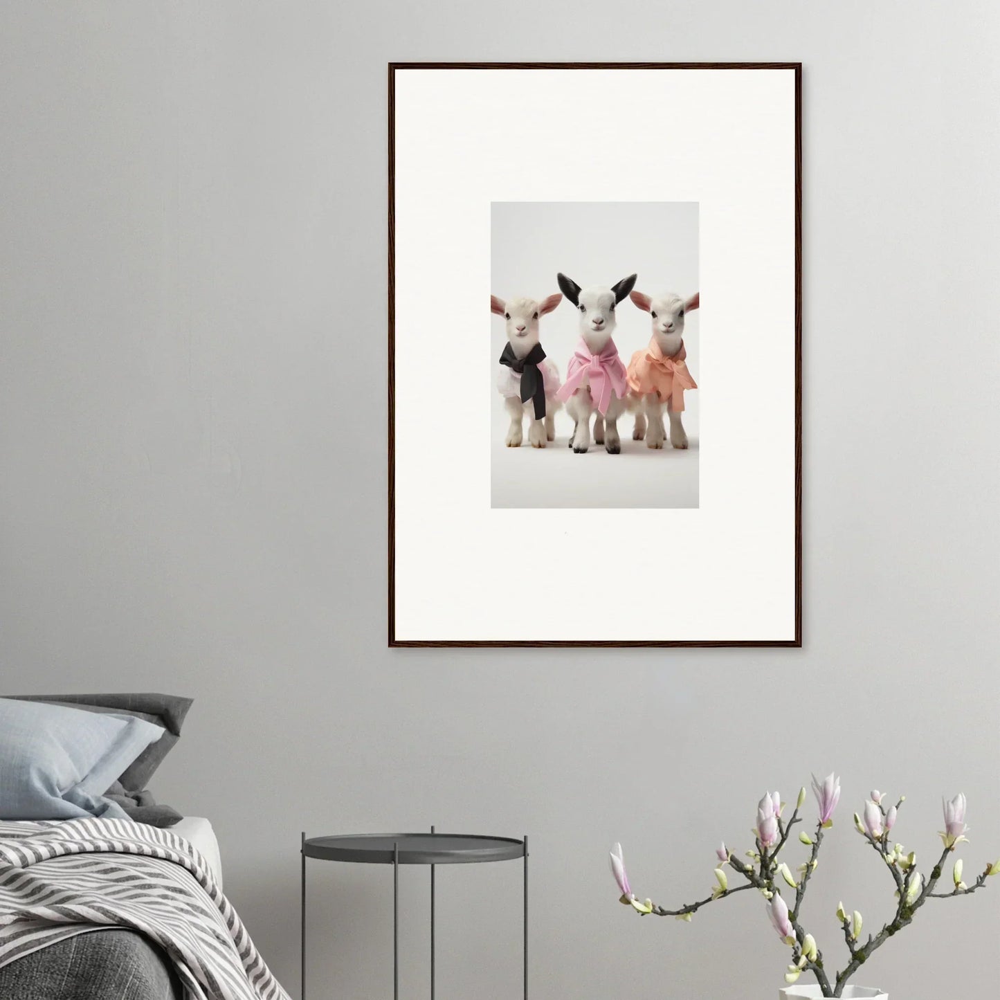 Framed wall art of three ballerina bunnies in tutus from Enchanted Kidding Threads