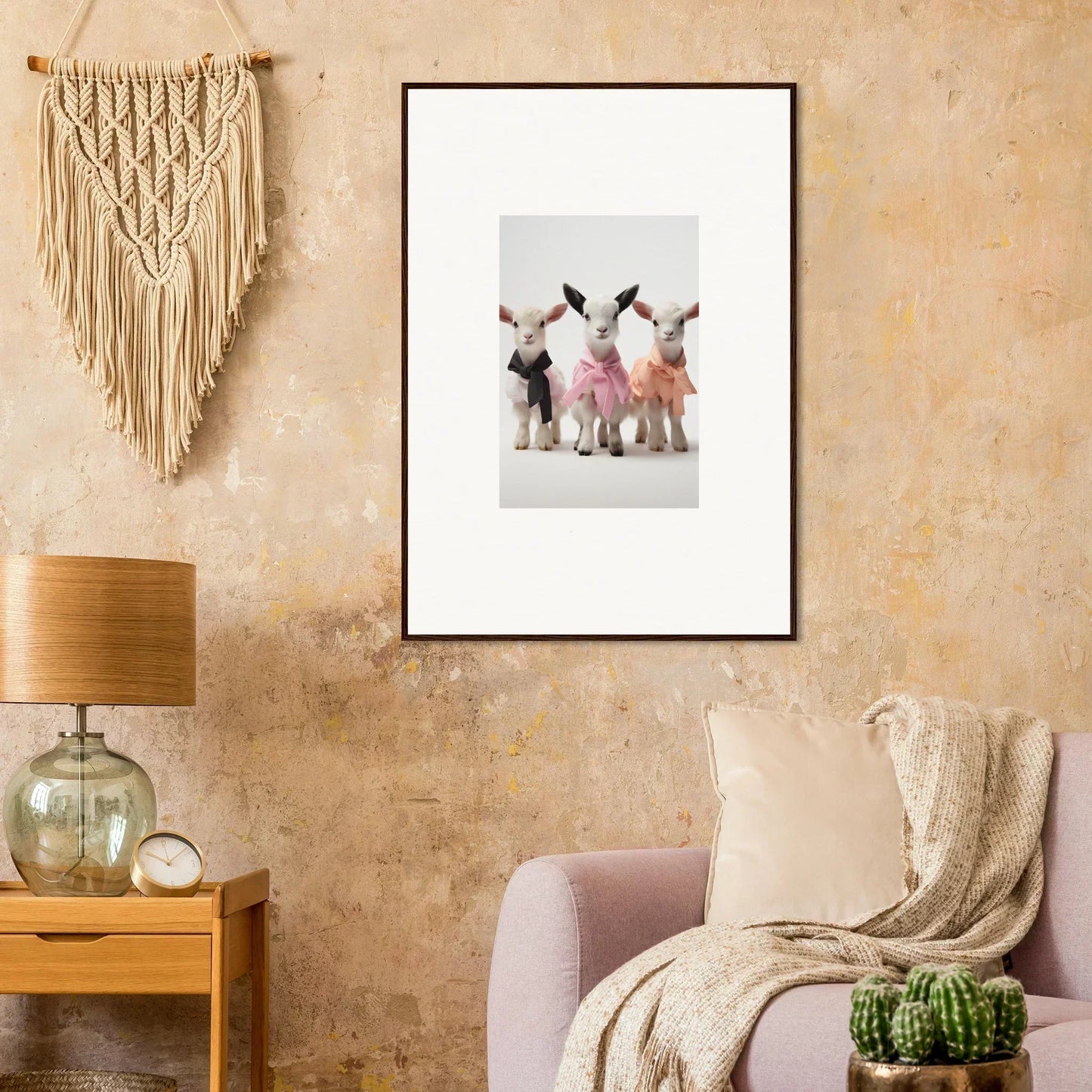Framed wall art of three rabbits in pink tutus from Enchanted Kidding Threads