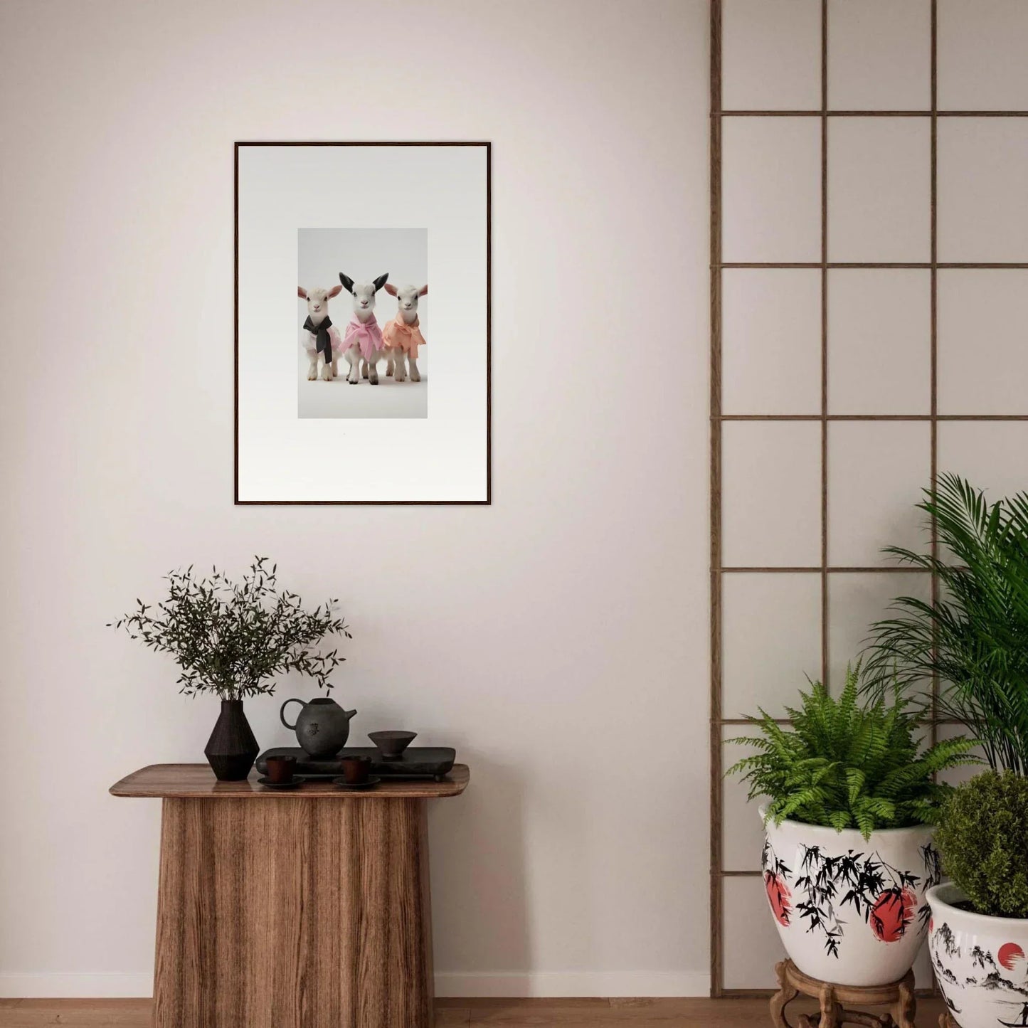 Framed wall art of three rabbits in dresses from Enchanted Kidding Threads