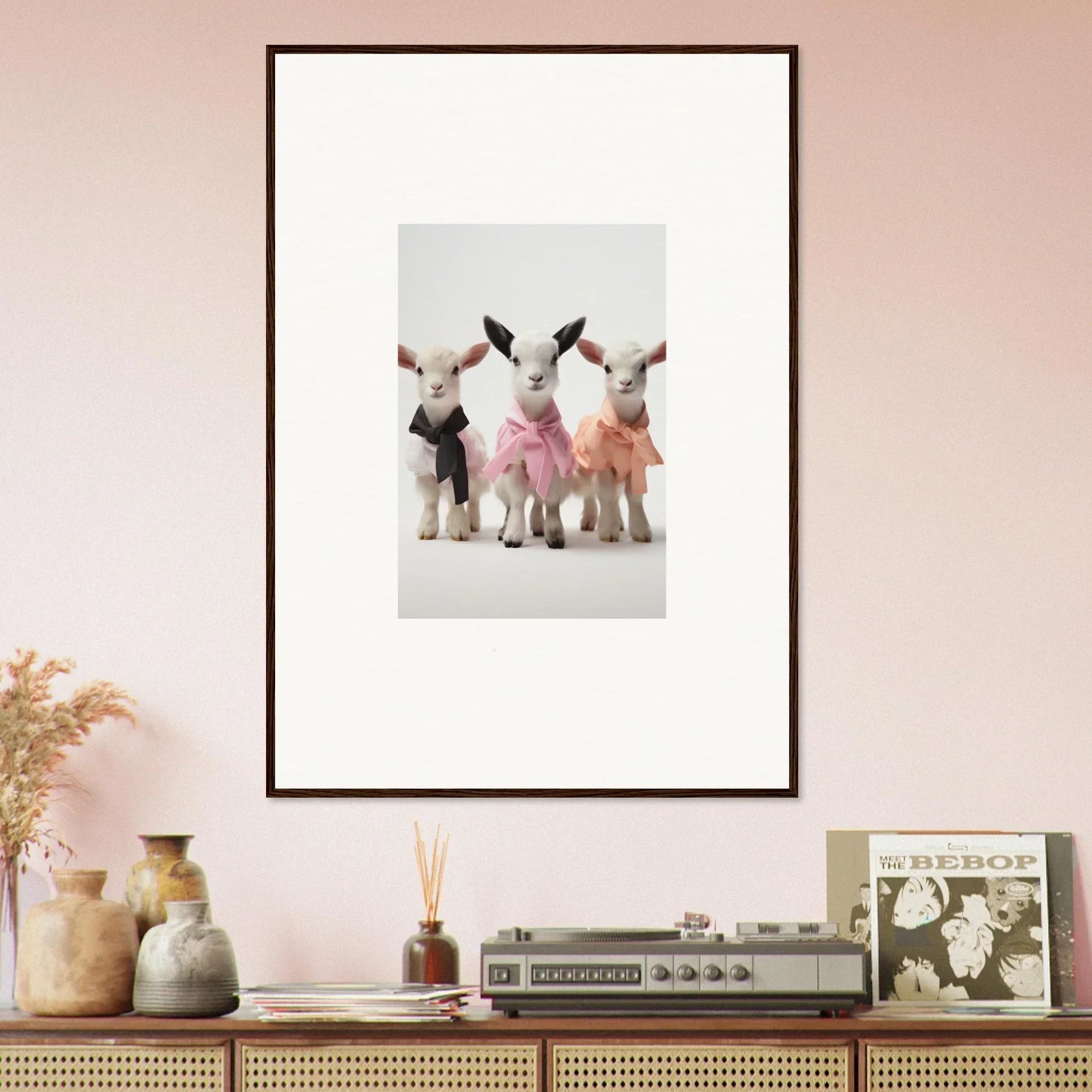 Framed wall art featuring cute stuffed bunnies in tutus from Enchanted Kidding Threads