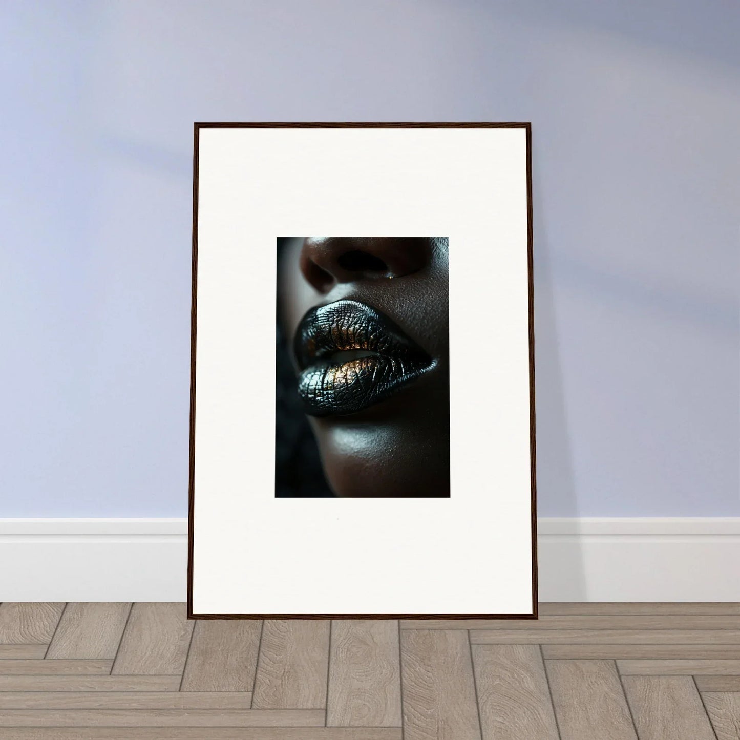 Framed wall art of lips with metallic green lipstick for Midnight Whispers room decor