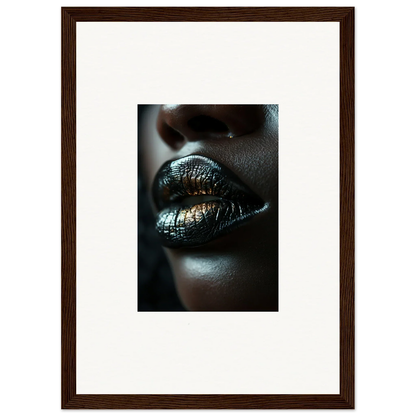Glossy metallic lips with silver sheen for Midnight Whispers framed wall art