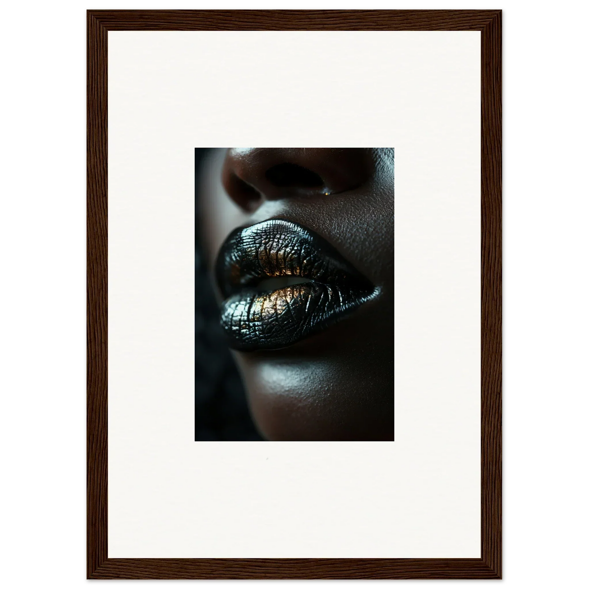 Glossy metallic lips with silver sheen for Midnight Whispers framed wall art
