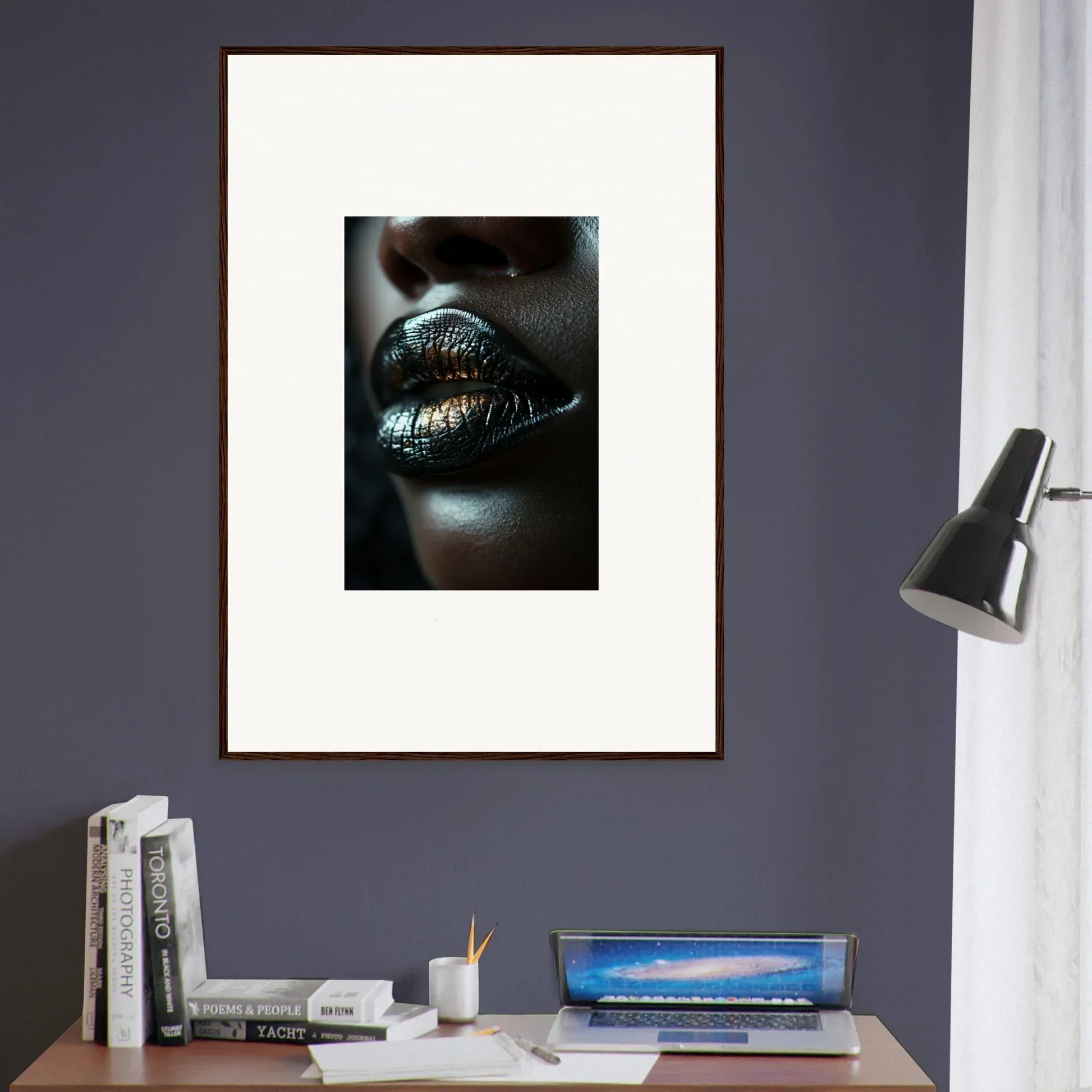 Framed wall art of shimmering metallic lips from Midnight Whispers for elegant room decor