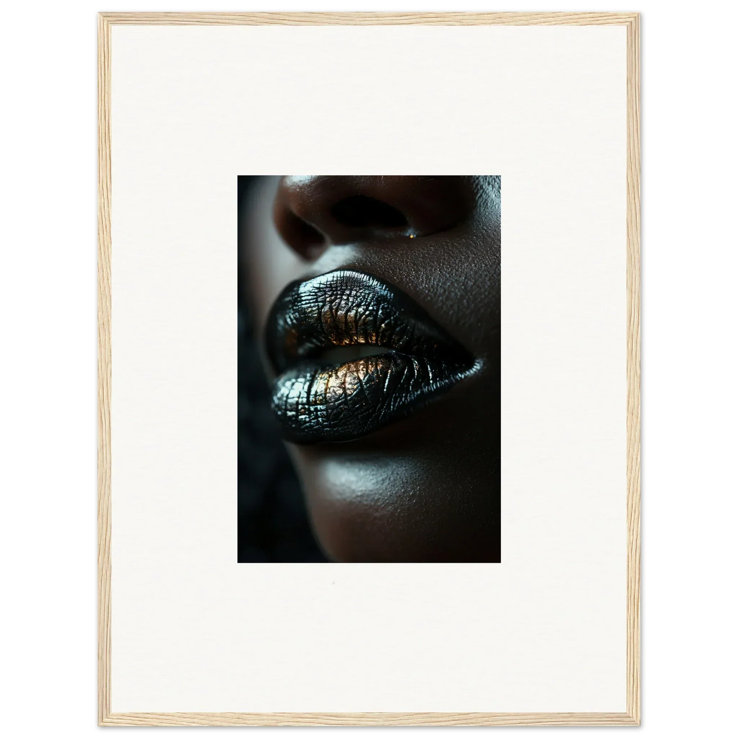 Lips adorned with shimmering metallic green-gold lipstick inspired by Midnight Whispers