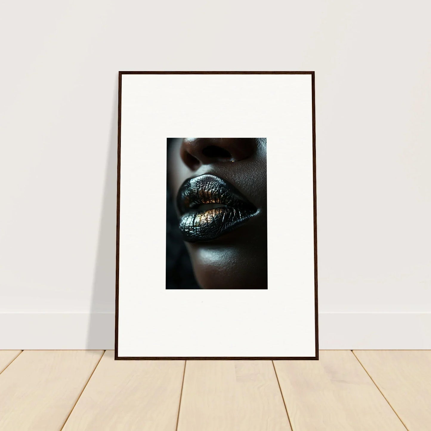 Framed wall art featuring shimmering metallic lips in Midnight Whispers design