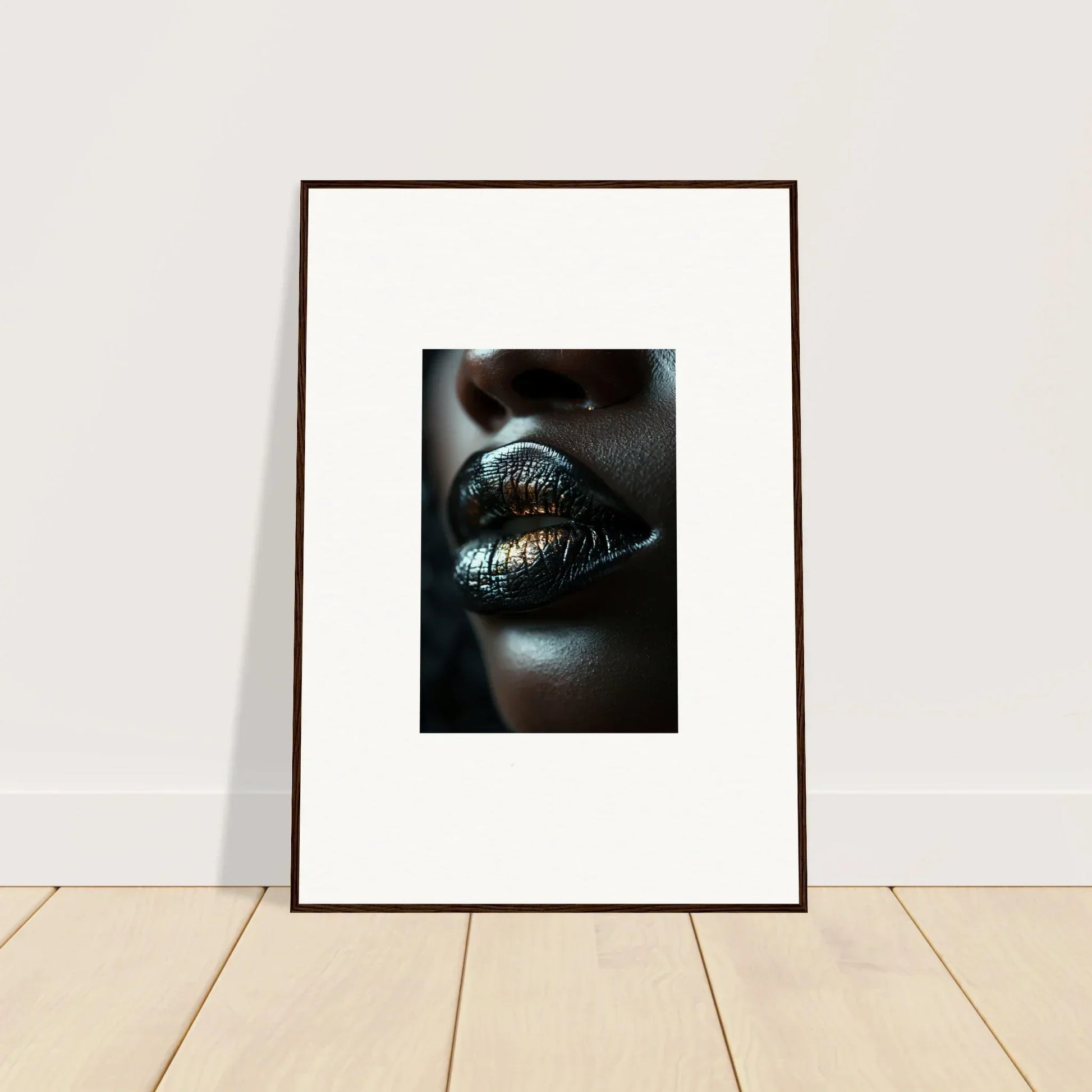Framed wall art featuring shimmering metallic lips in Midnight Whispers design