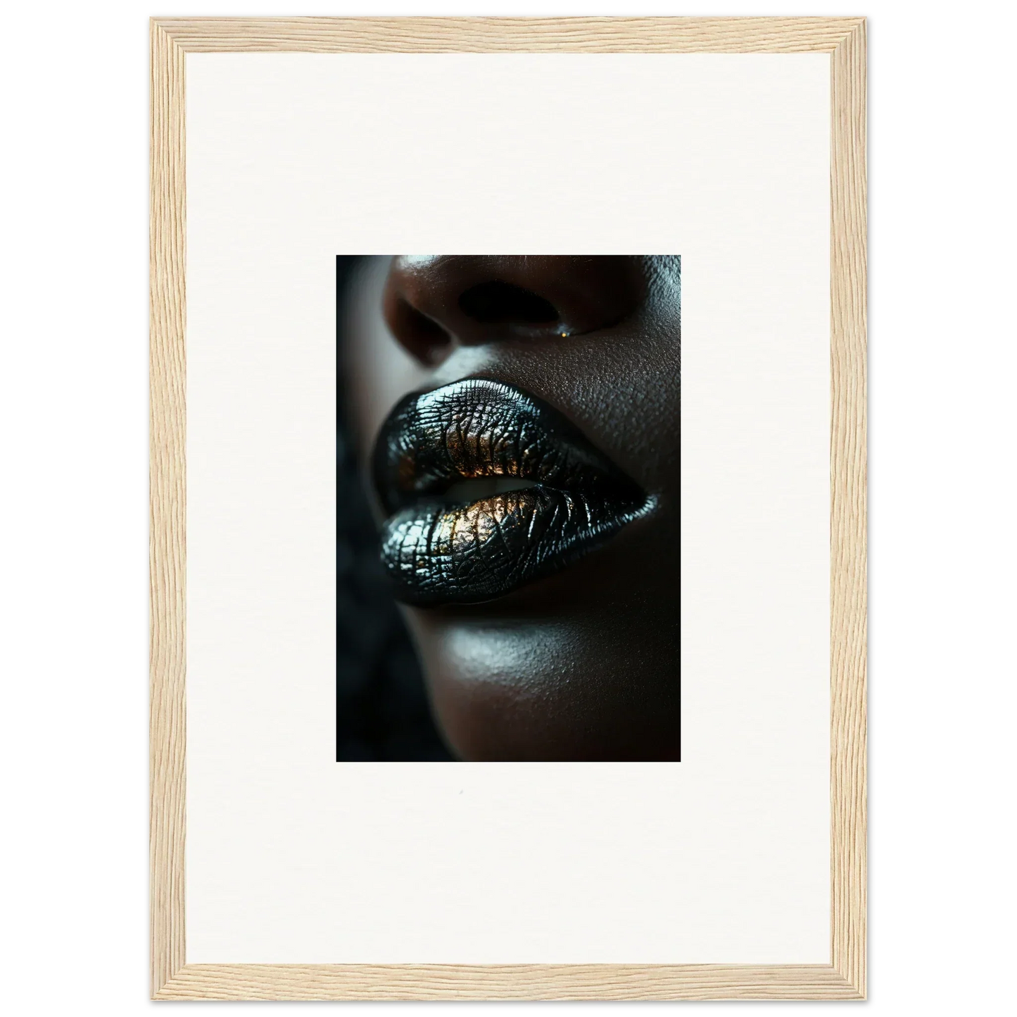 Glossy metallic lips with shimmering silver-gold finish inspired by Midnight Whispers