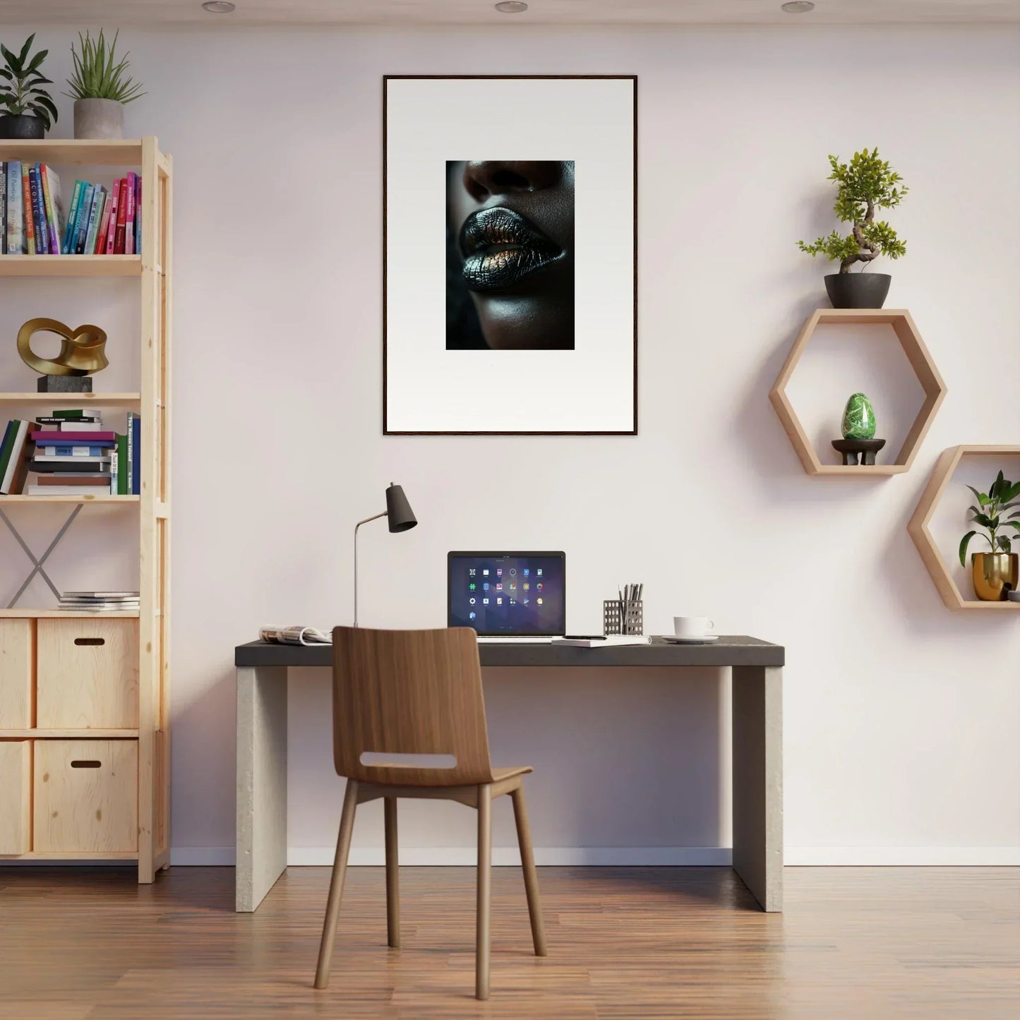 Home office workspace featuring midnight whispers decor, desk, chair, and wall shelves