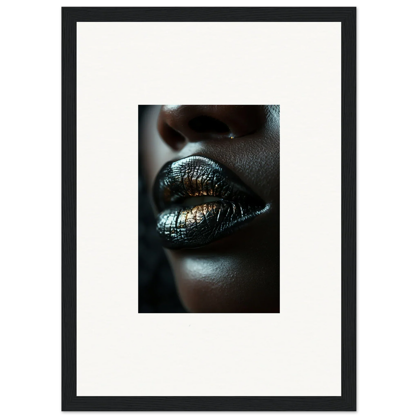 Glossy metallic lips with a blue-green hue inspired by Midnight Whispers art