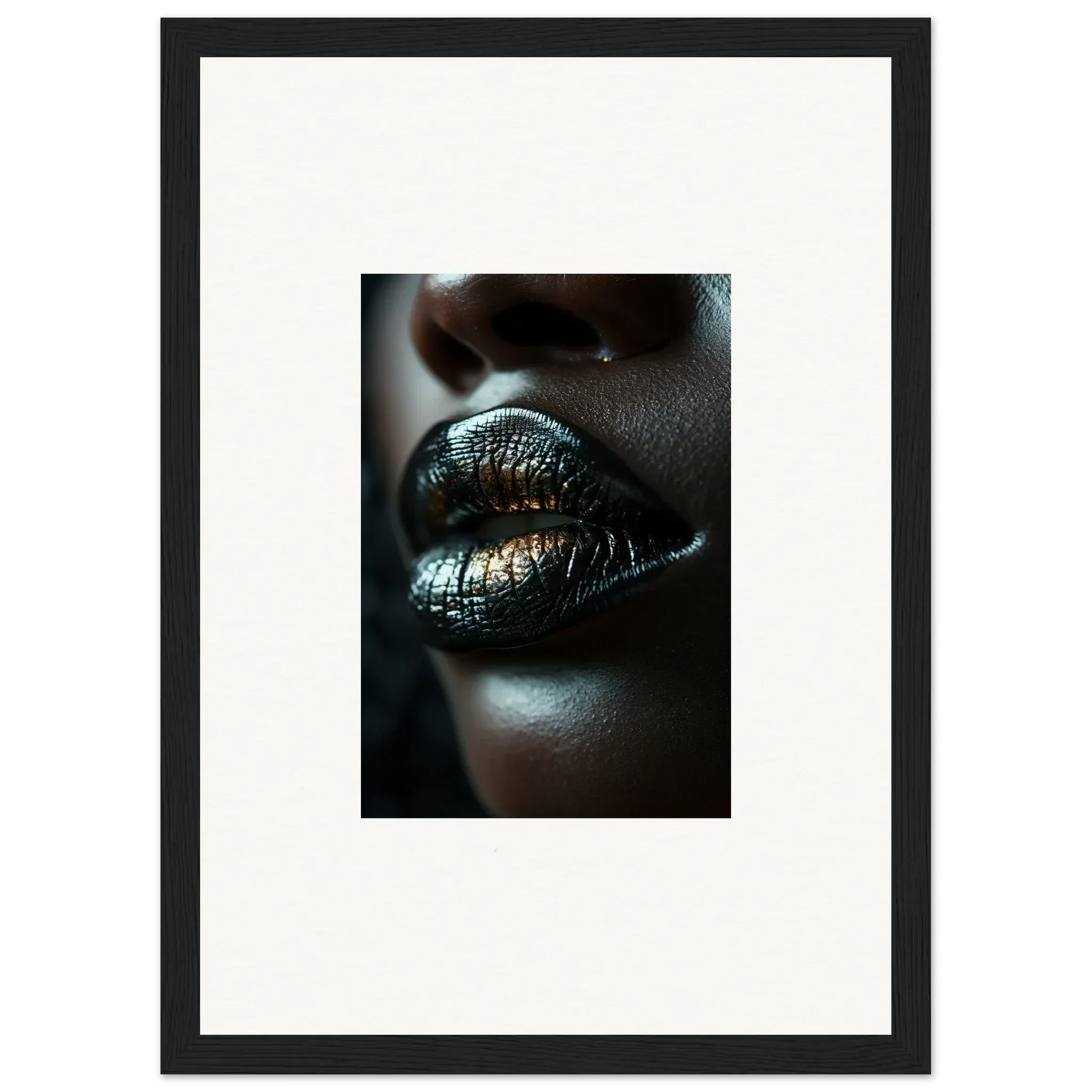 Glossy metallic lips with a blue-green hue inspired by Midnight Whispers art