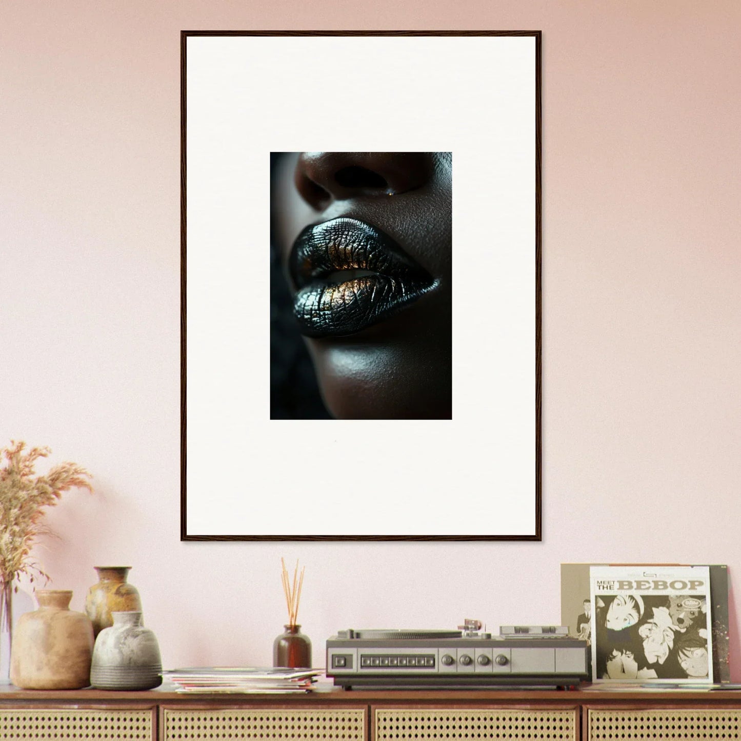 Framed wall art of shimmering gold lips on dark skin for midnight whispers room decor