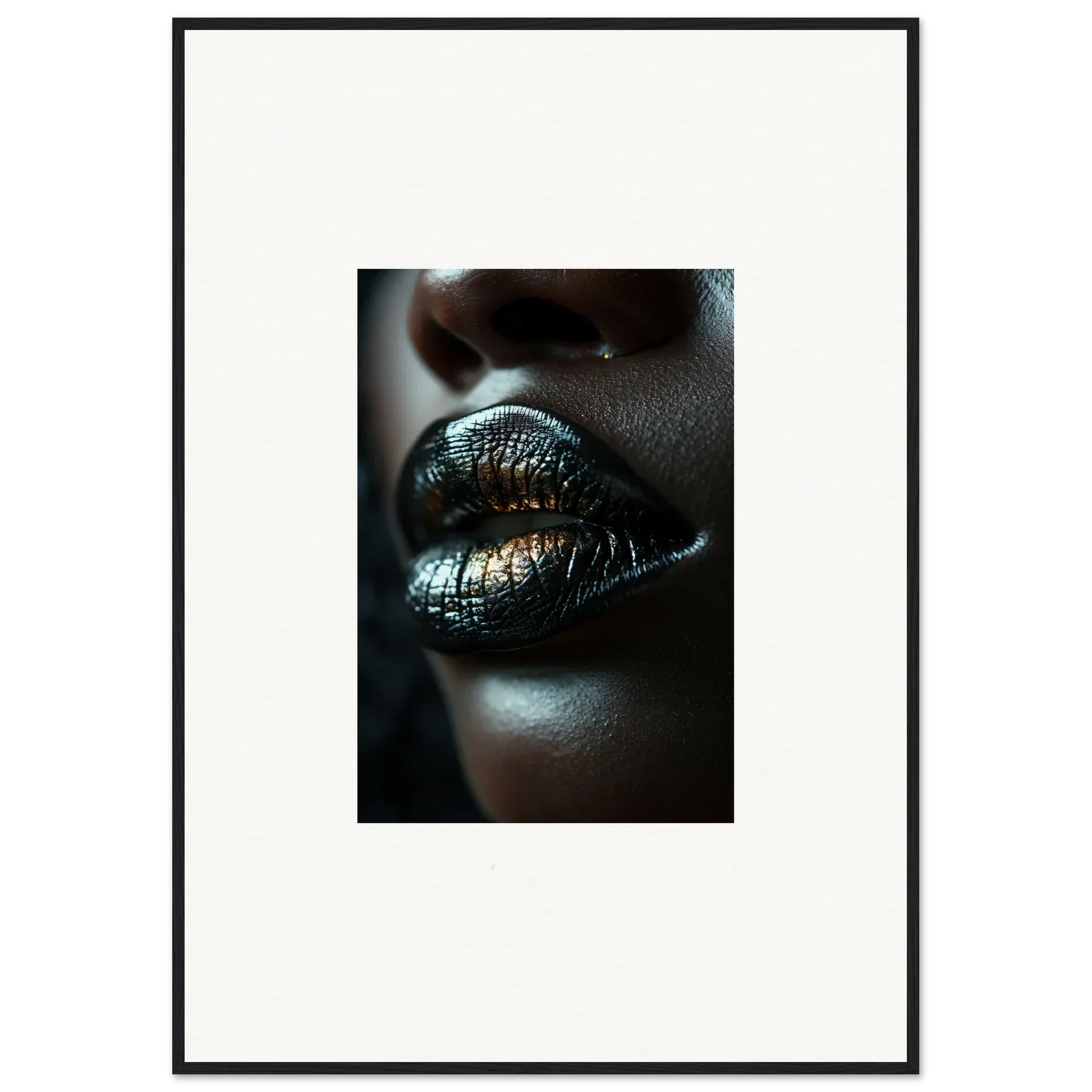 Close-up of shimmering metallic lips showcasing glossy midnight whispers wall art