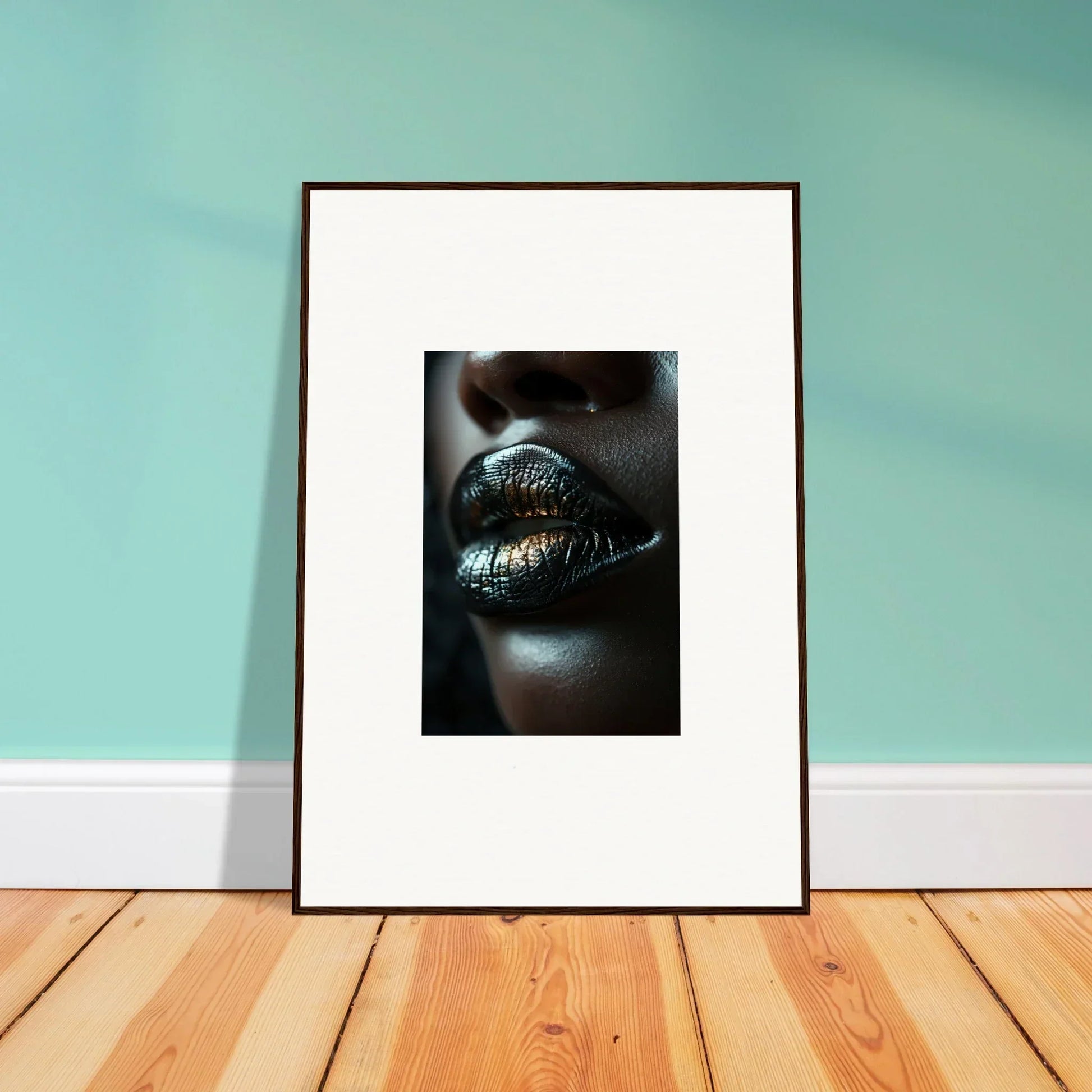 Framed wall art of metallic lips in Midnight Whispers design for stylish room decor