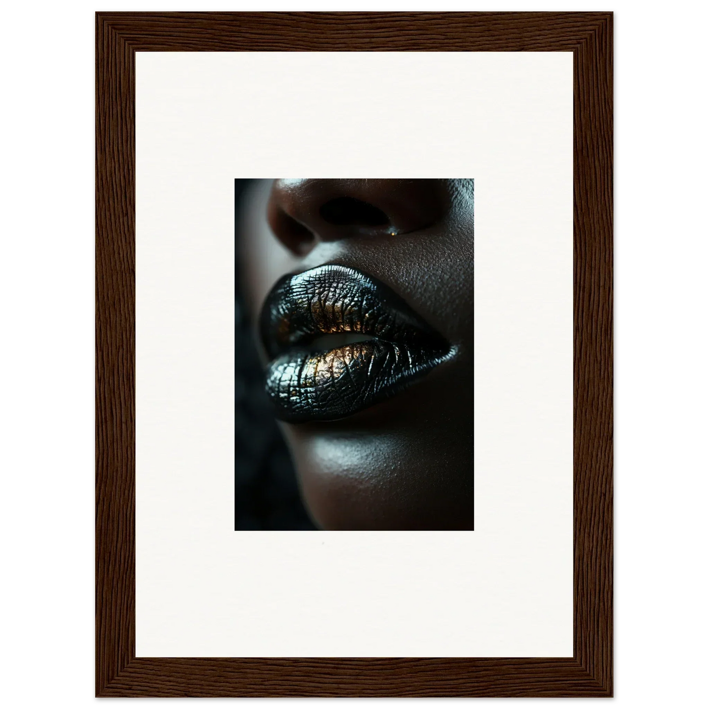 Close-up of glossy metallic lips with a sheen inspired by Midnight Whispers art