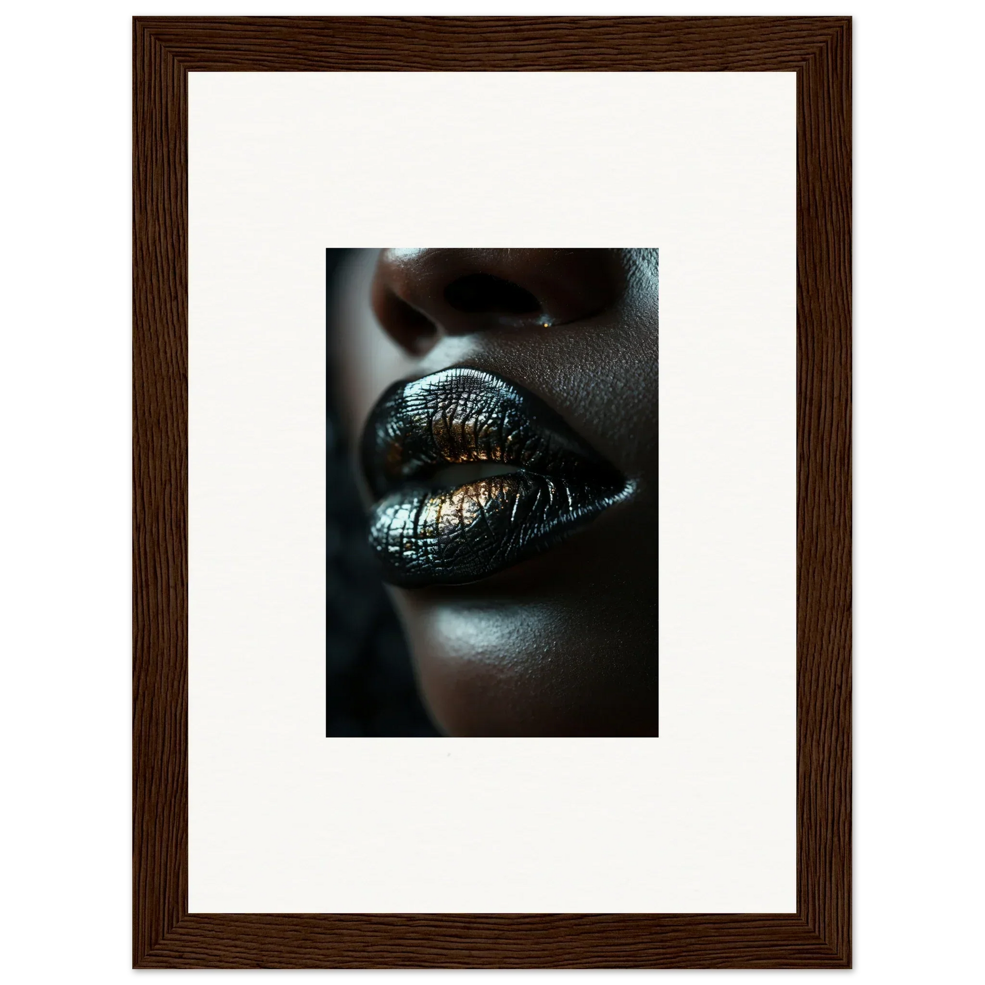 Close-up of glossy metallic lips with a sheen inspired by Midnight Whispers art