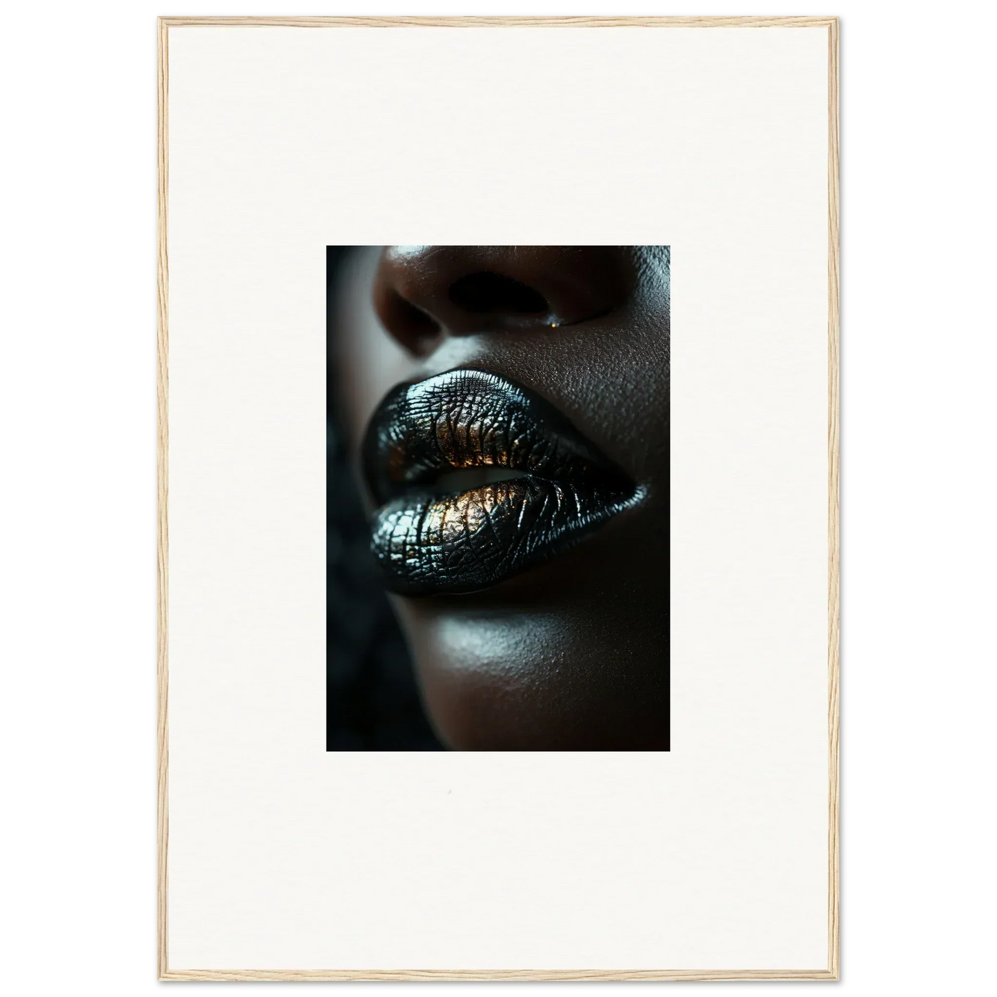 Glossy metallic lips with green and gold finish from Midnight Whispers wall art