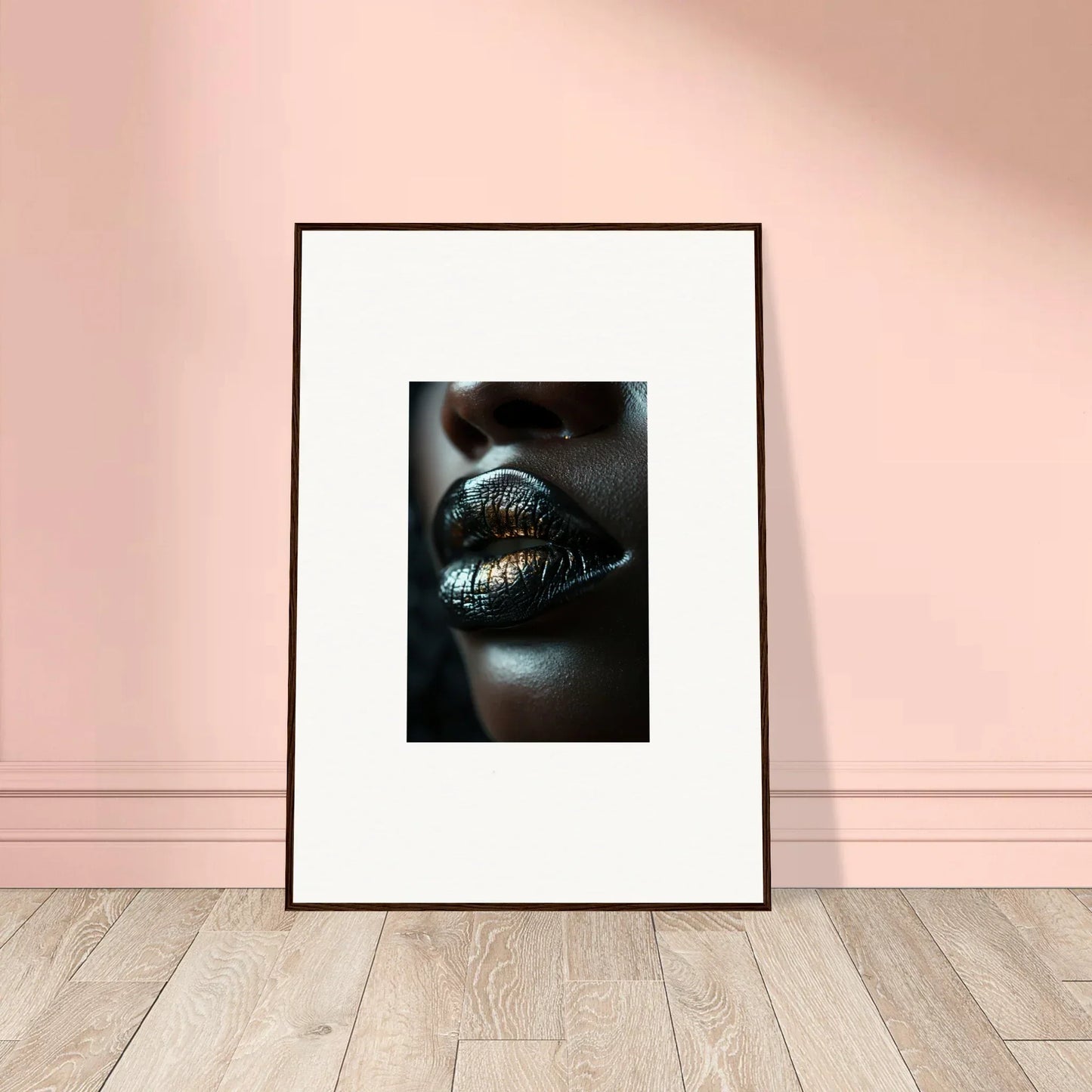 Framed wall art of shimmering gold lips on dark skin for enchanting Midnight Whispers room decor