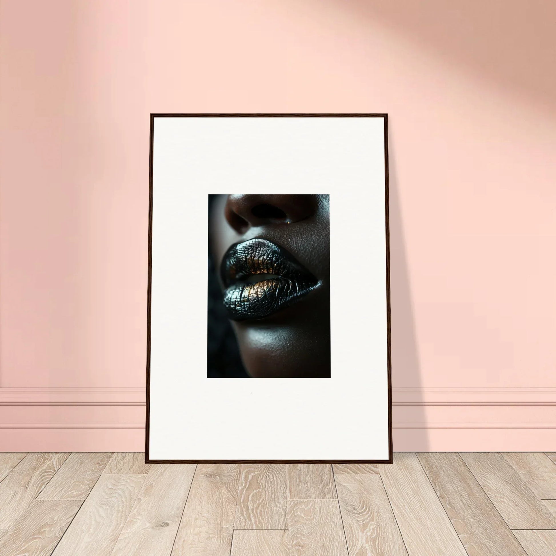 Framed wall art of shimmering gold lips on dark skin for enchanting Midnight Whispers room decor