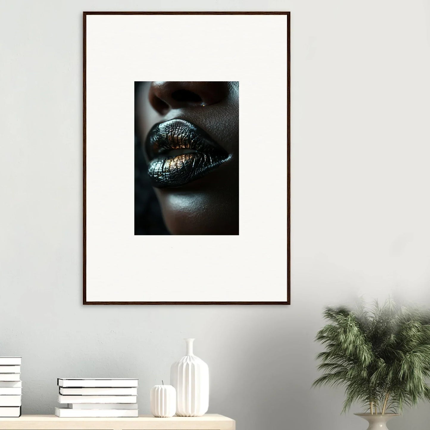 Framed wall art of glossy lips in metallic green lipstick, perfect for midnight whispers room decor