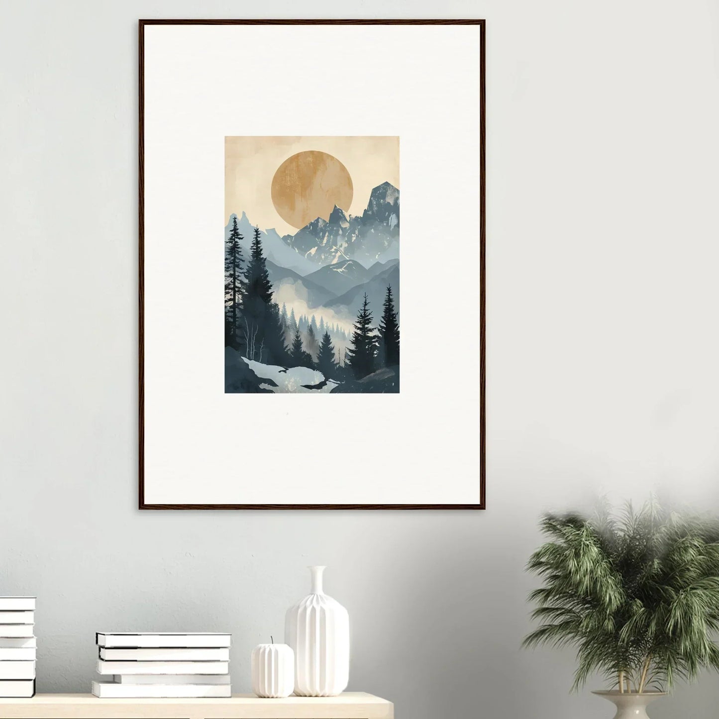 Framed wall art of a misty mountain landscape for elegant room decor, Alpine Serenade