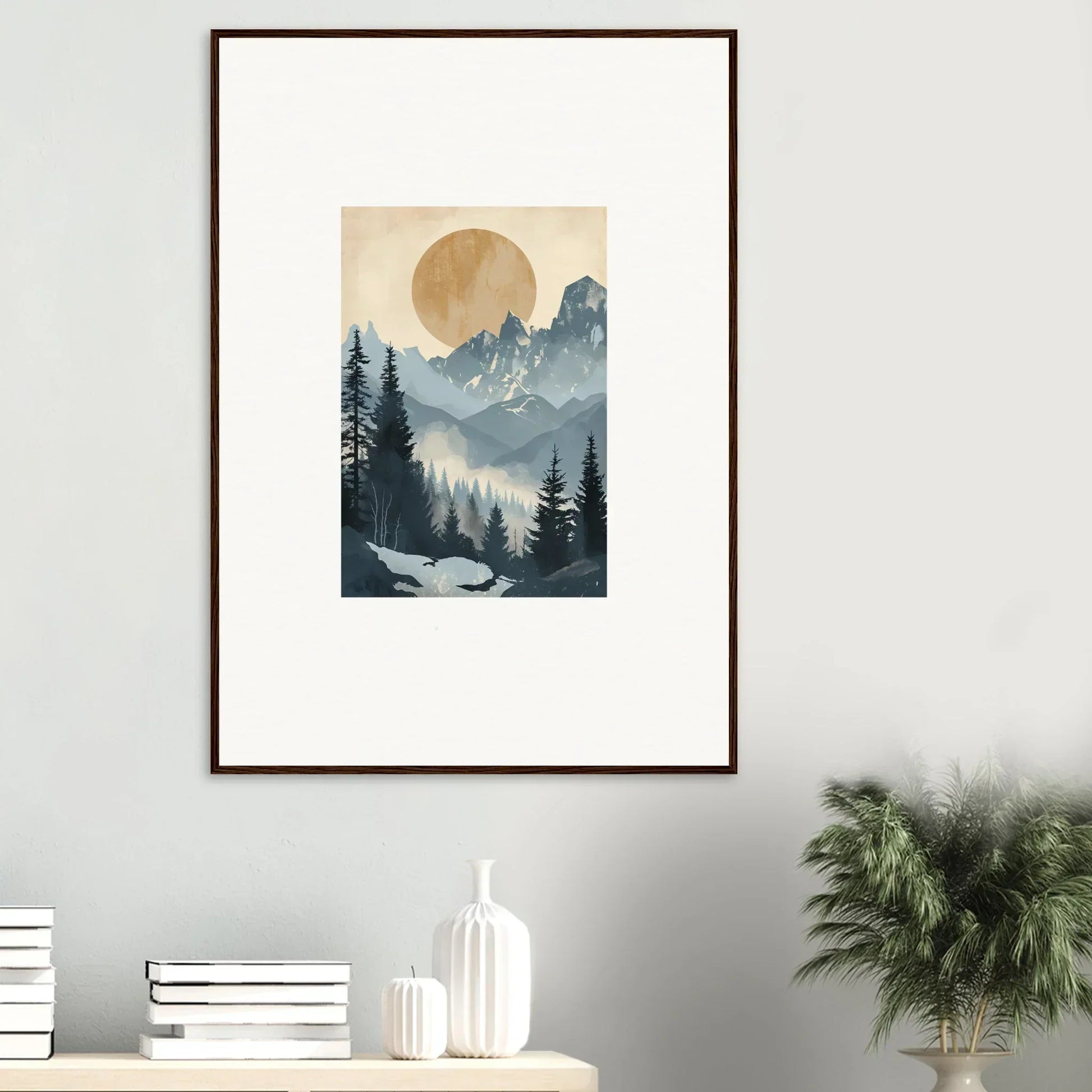 Framed wall art of a misty mountain landscape for elegant room decor, Alpine Serenade