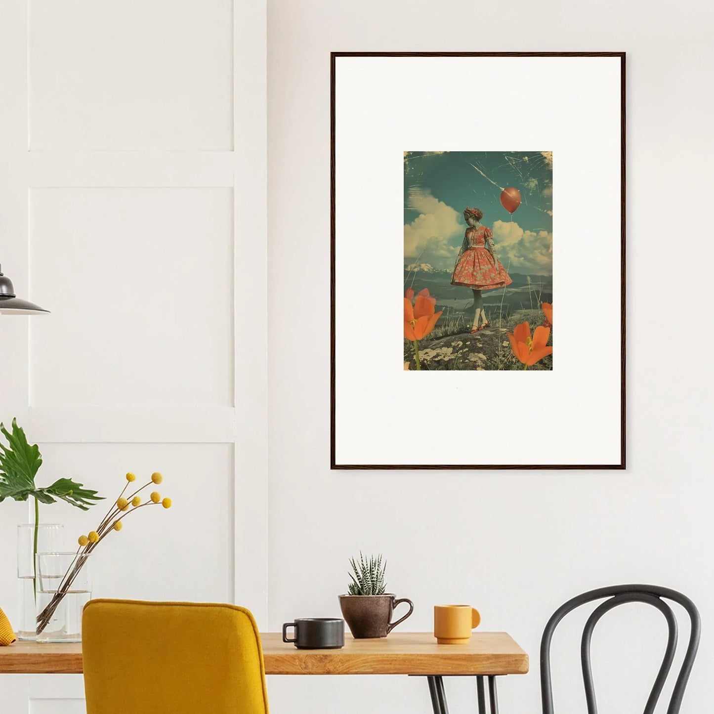 Surreal canvas print of a woman with red balloons in poppies, perfect for room decoration