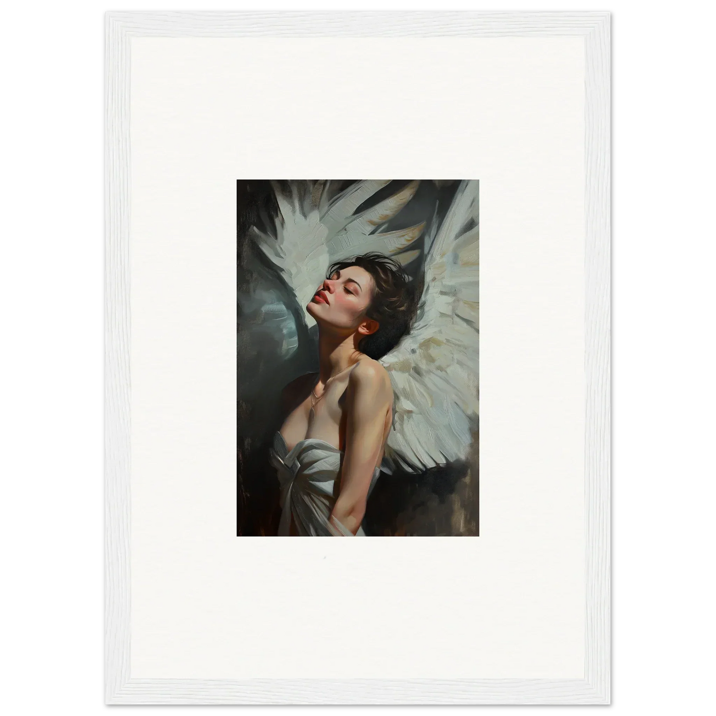Framed portrait of a woman with angel wings for elegant room decor and feathered elegance