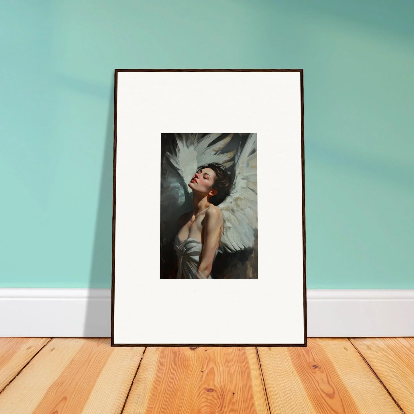 Framed wall art of a woman in feathered elegance with dramatic white wings