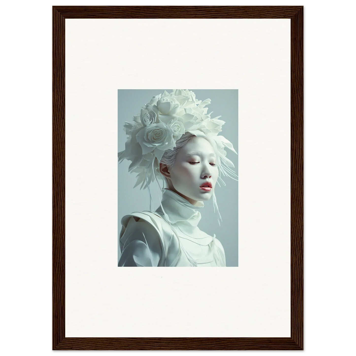 Framed wall art of a florid creature with pale skin and a white headdress
