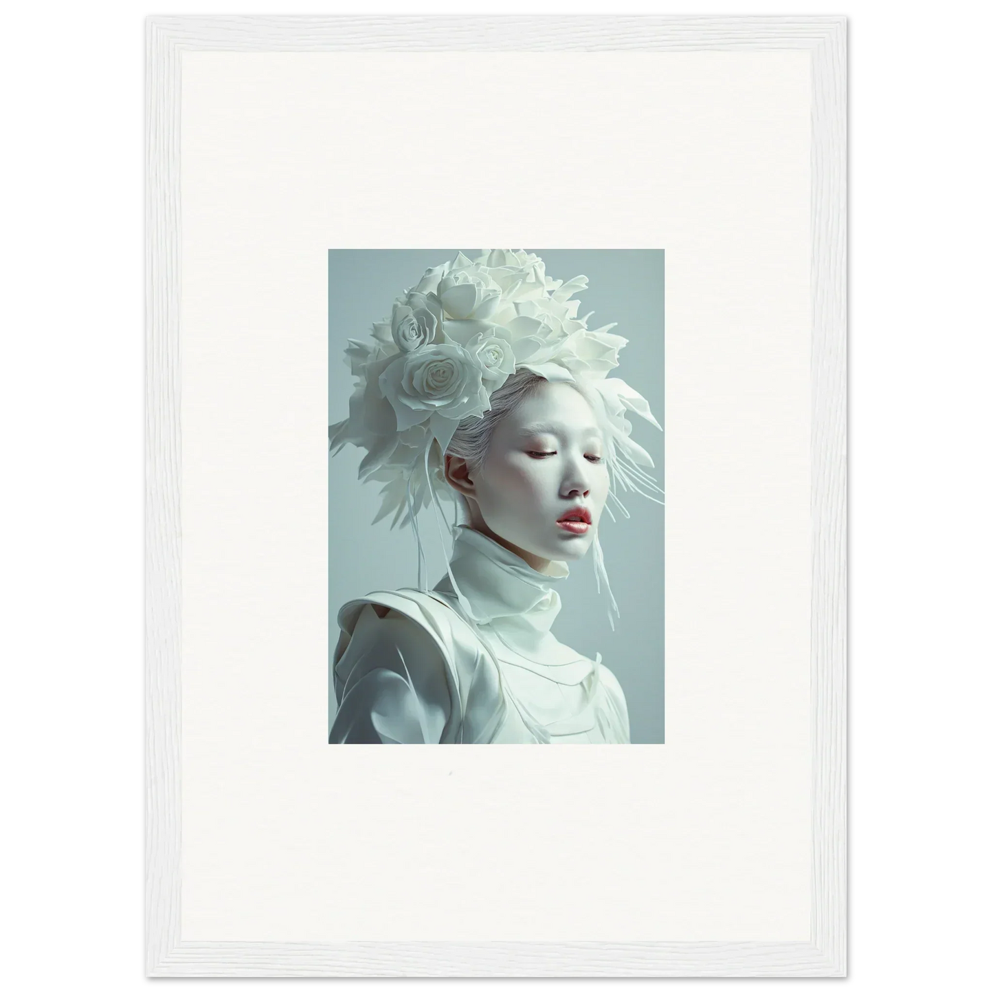 Portrait of a pale-skinned person in white headdress, ideal for florid creature room decor