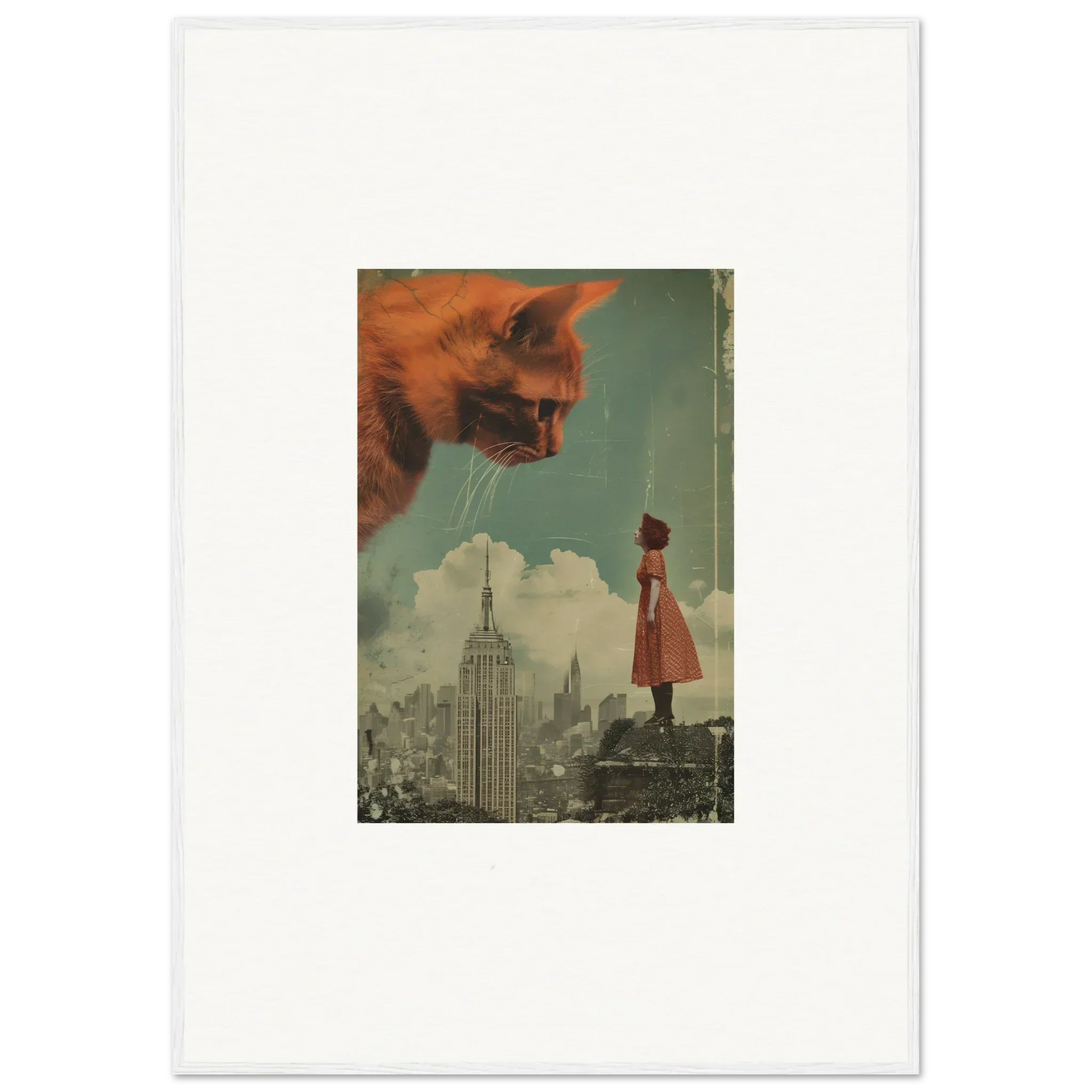 Surreal collage of a giant cat head over cityscape, perfect for giants gaze room decor