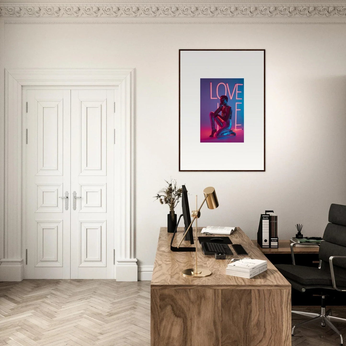 Cozy home office with wooden desk, chair, and LOVE LIFE canvas print for neon rapture vibes