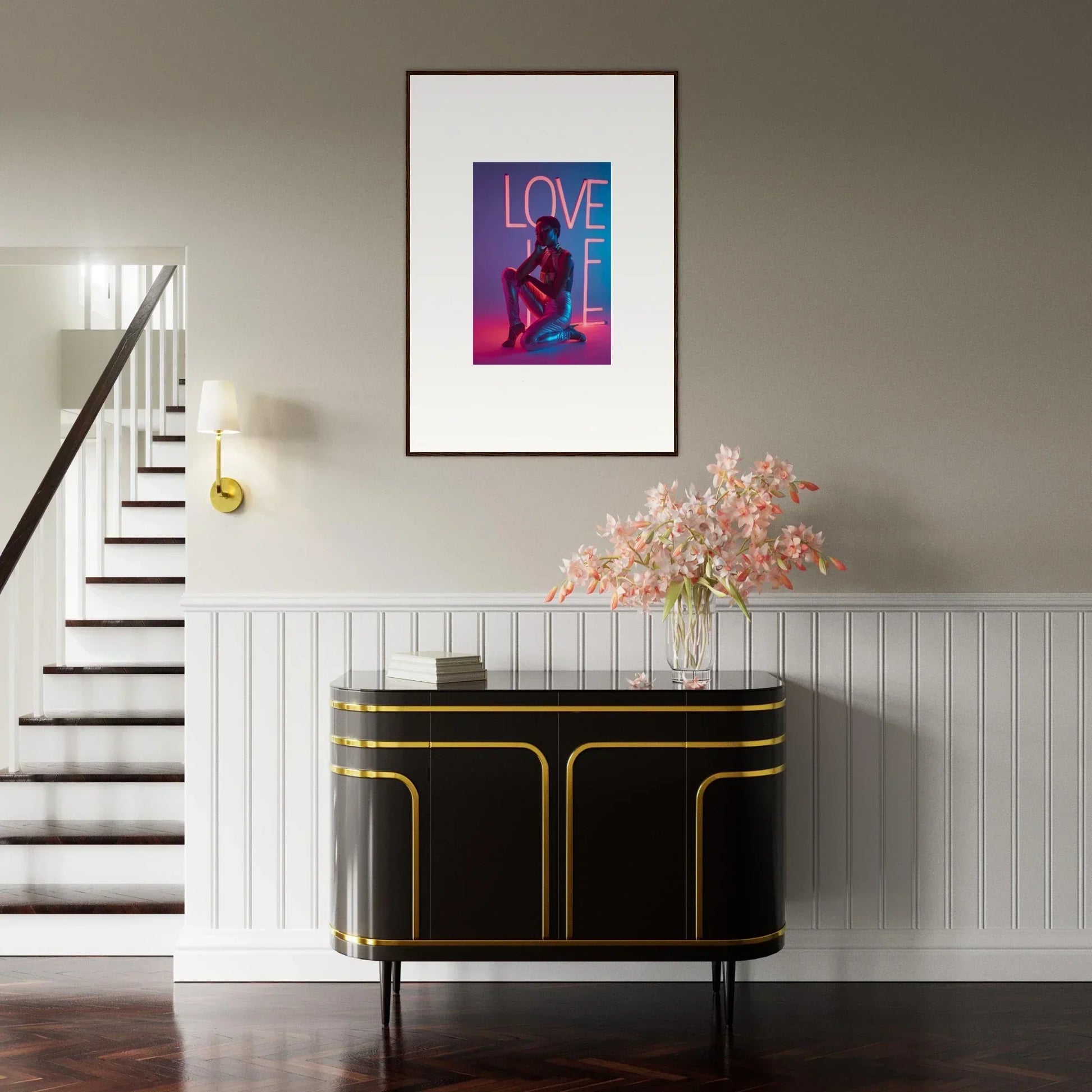Framed canvas print featuring LOVE text and silhouette in vibrant neon rapture colors