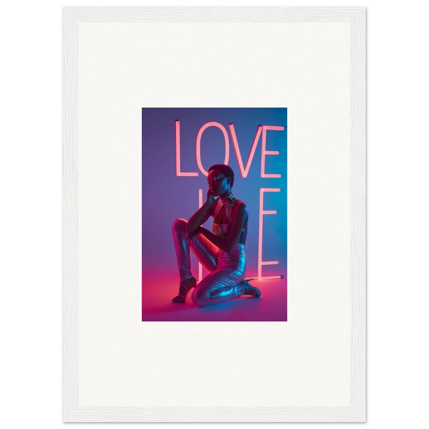 Framed canvas print of neon rapture artwork with a pink LOVE silhouette for room decoration