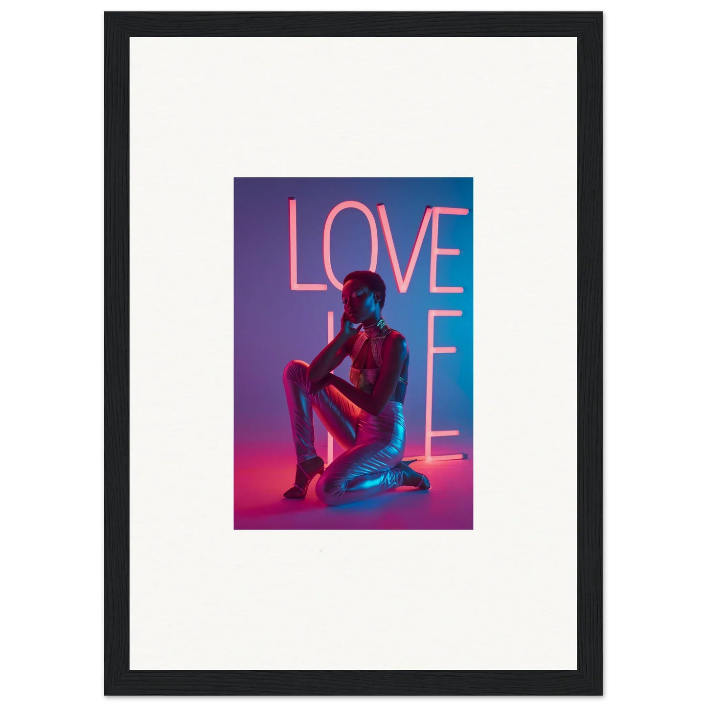 Neon Rapture canvas print with a silhouette and LOVE in pink, perfect for room decoration