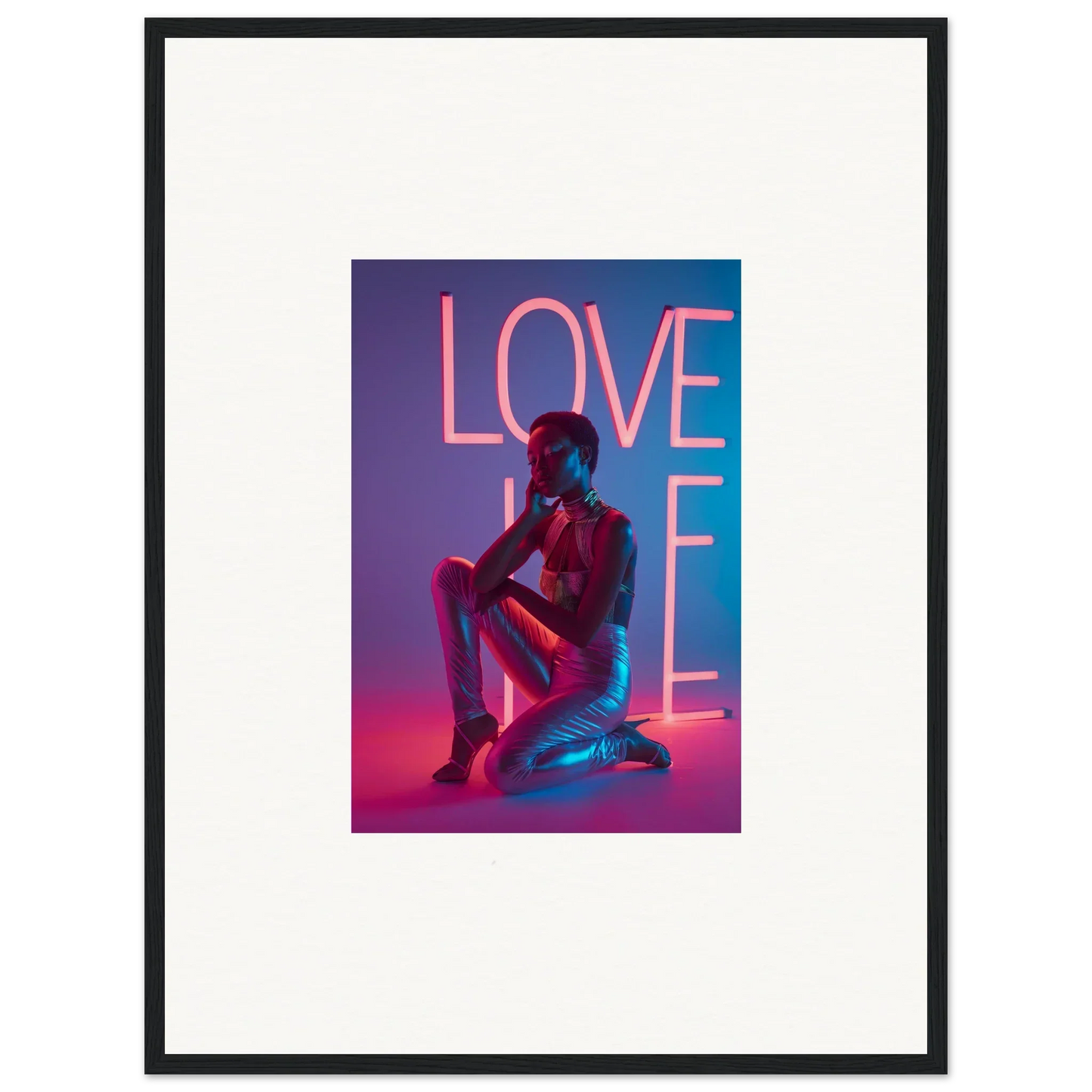 Framed canvas print of neon Rapture LOVE sign with silhouette, perfect for room decoration