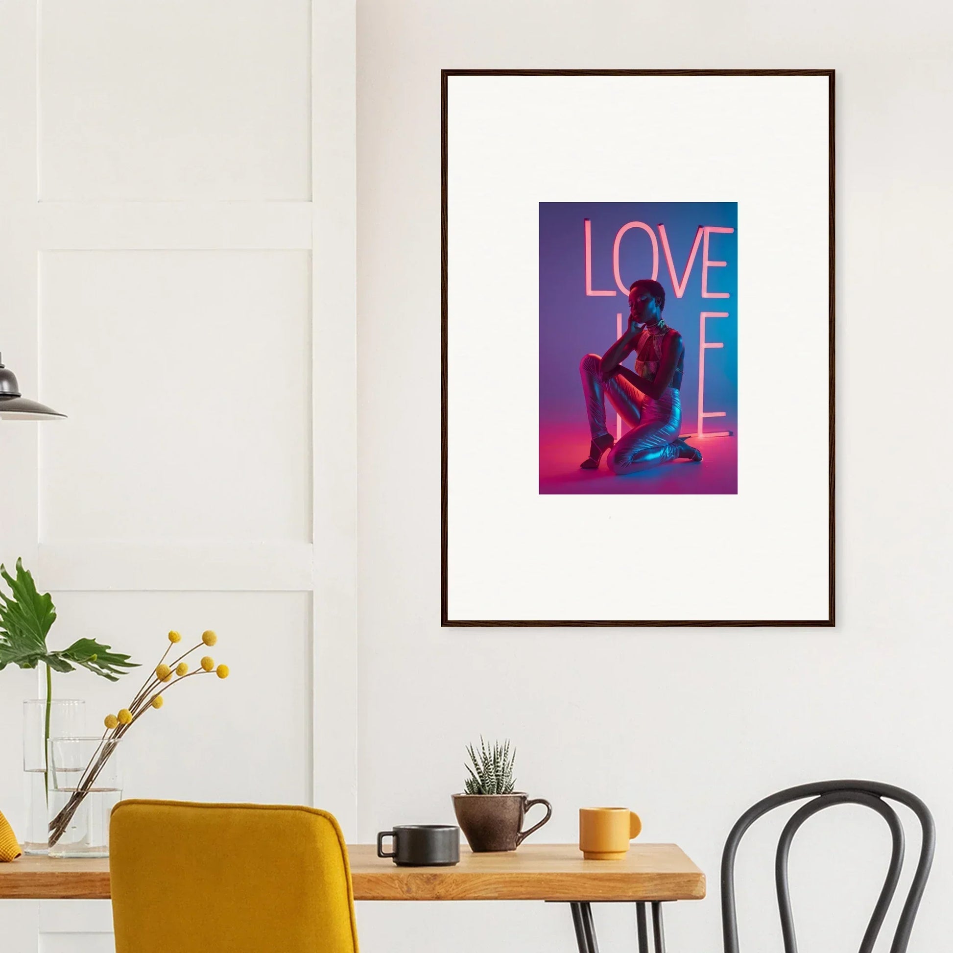 Framed canvas print of Neon Rapture featuring a vibrant LOVE sign for cool room decoration