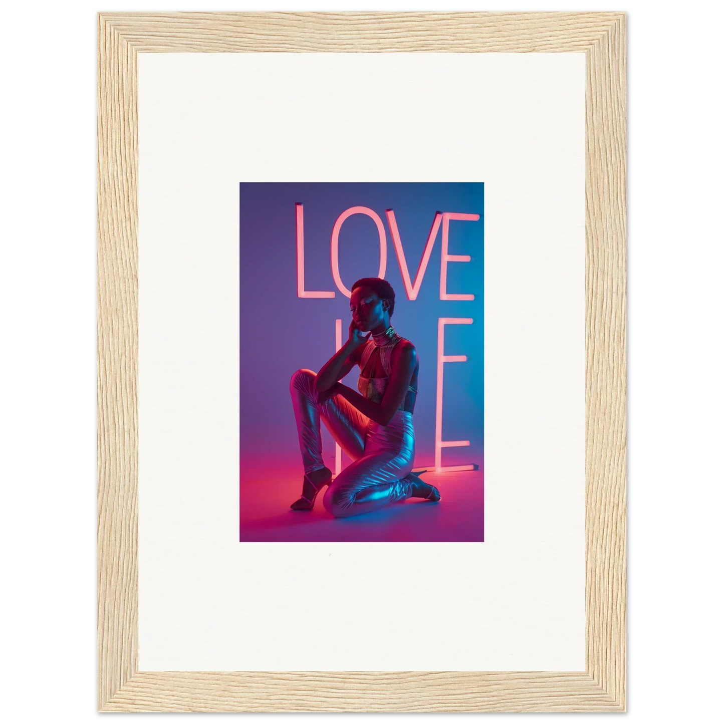 Framed canvas print of neon rapture LOVE art with a cool silhouetted figure