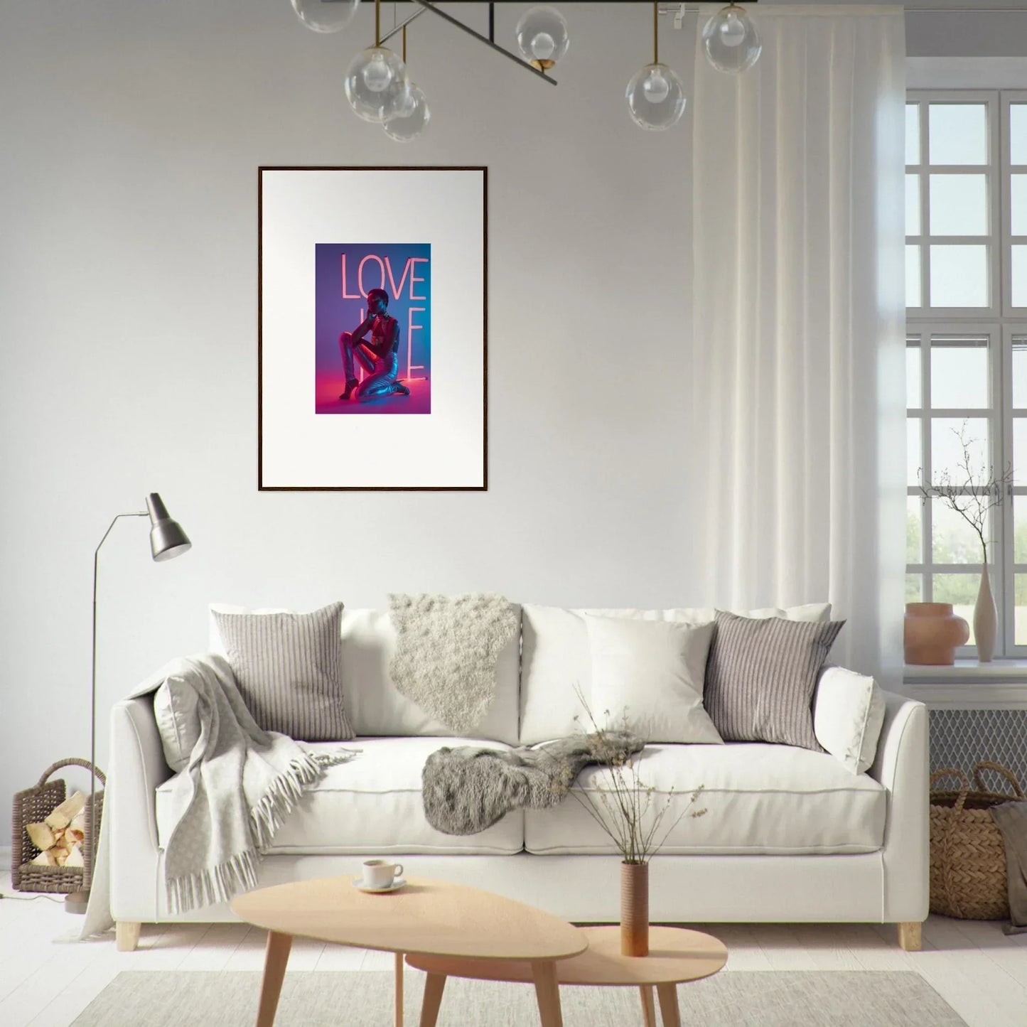 Cozy white sofa with throw pillows and blankets for a stylish Neon Rapture room decoration
