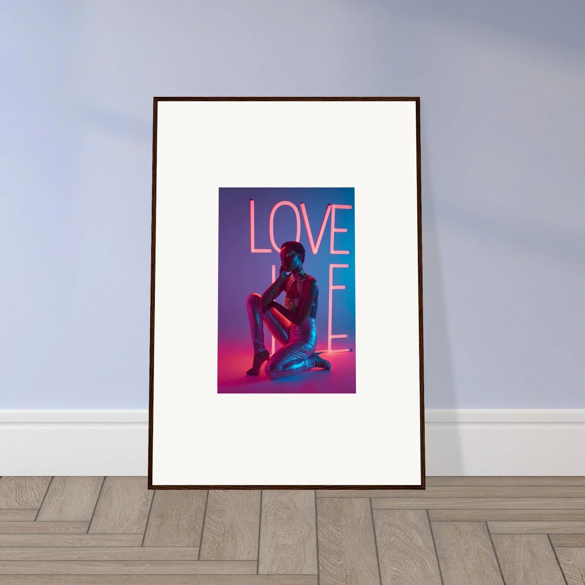Colorful canvas print of neon rapture LOVE sign with silhouette, perfect for room decoration