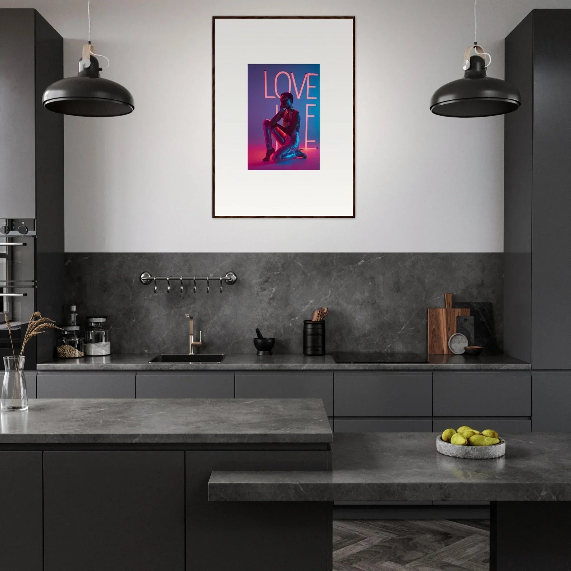 Modern dark-toned kitchen featuring Neon Rapture canvas print for stylish room decoration