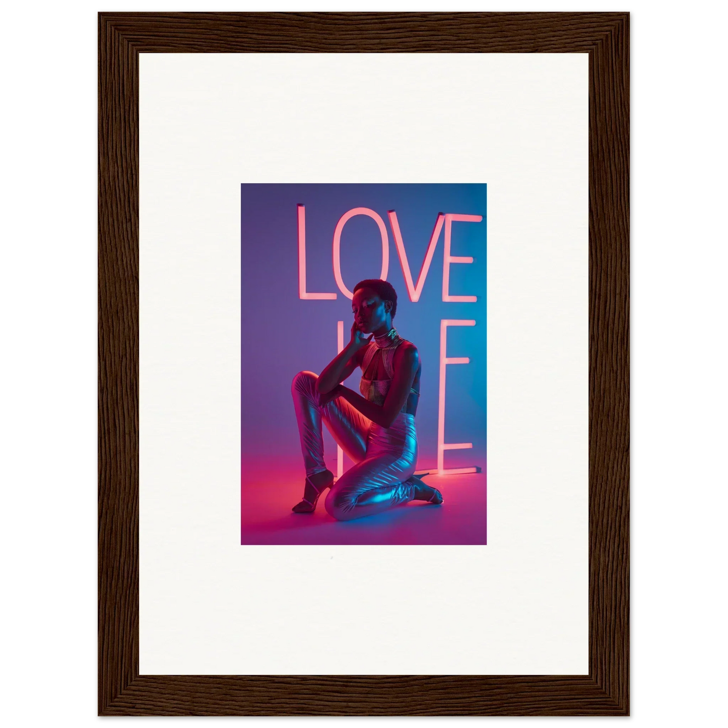 Framed canvas print of neon rapture artwork with LOVE in pink for cool room decoration