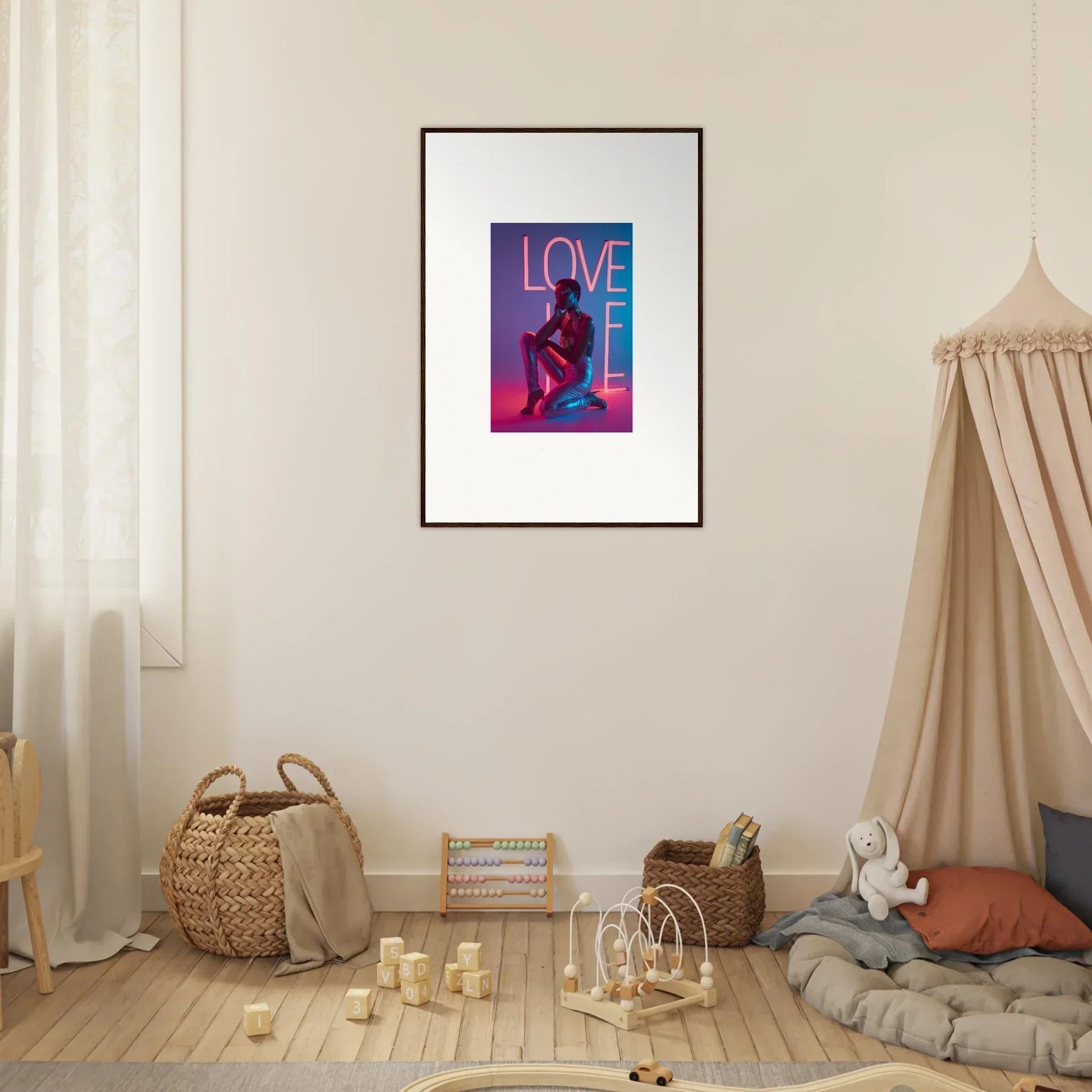 Framed canvas print of a neon rapture LOVE sign with a silhouetted figure for room decoration