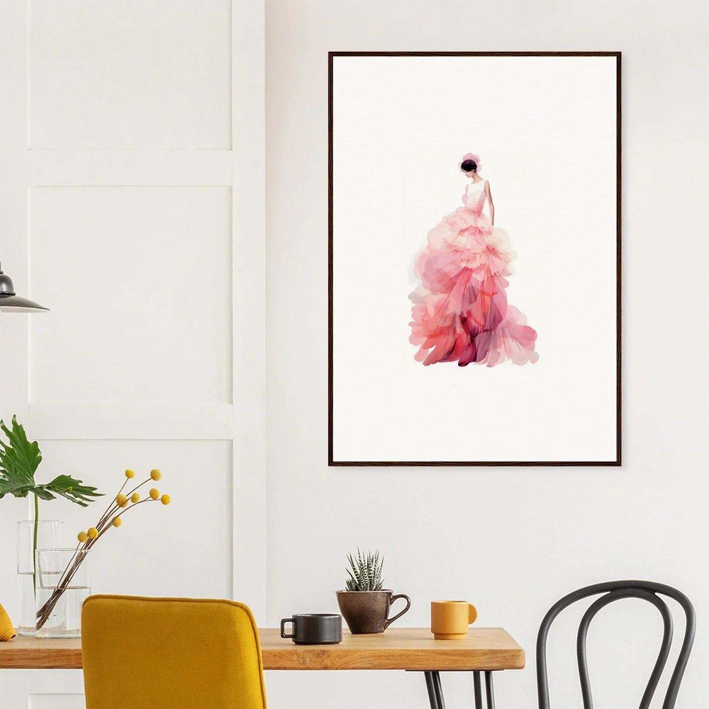 Framed canvas print of a figure in a flowing pink dress for rose whimsy room decoration