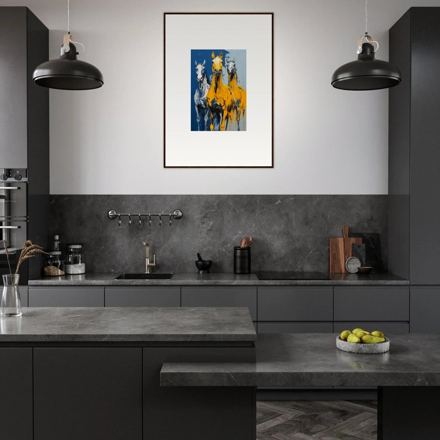 Modern kitchen featuring dark cabinetry, concrete countertops, and Eleven Sunrise wall art