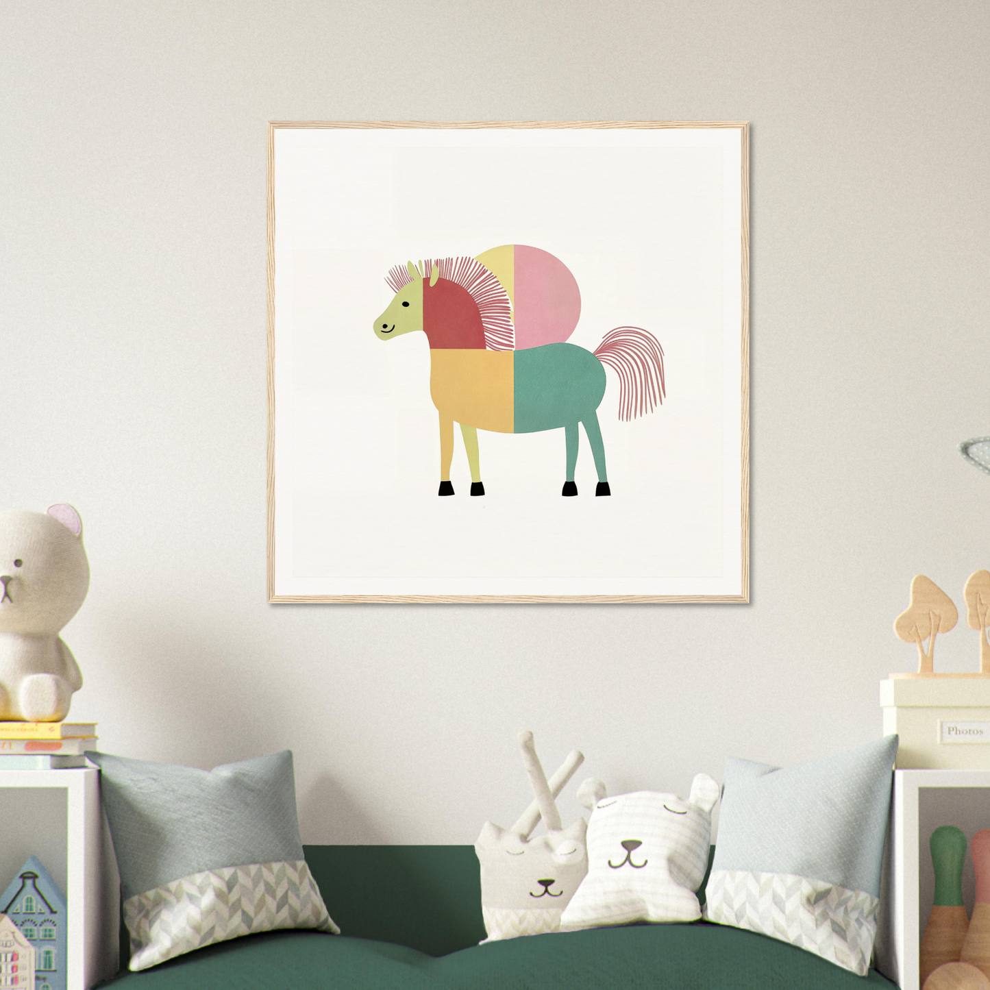 Colorful geometric horse illustration in pastel yellow, pink, and teal for Equine Geometry Riot