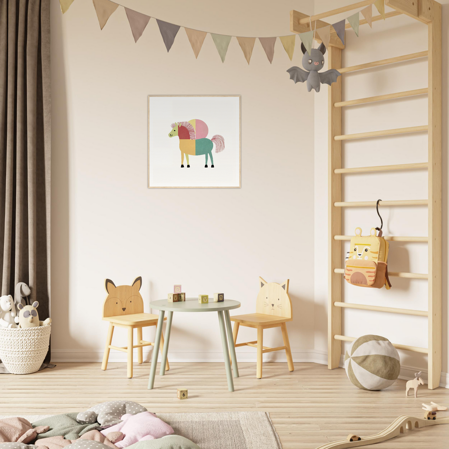 Children’s play area featuring animal-themed chairs and table from Equine Geometry Riot
